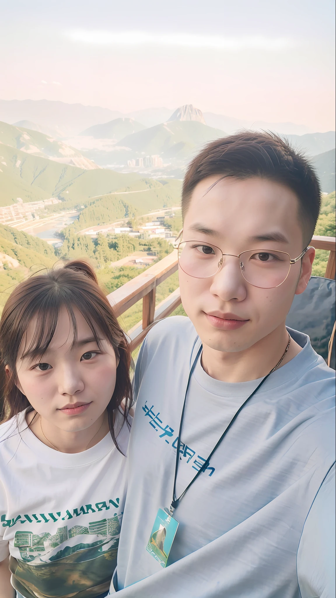 there is a man and a woman that are posing for a picture, ruan jia and fenghua zhong, 8k selfie photograph, ruan jia and brom, 2 , 2 9 years old old, yanjun che, 3 2 years old, vacation photo, stevth mountains in the background