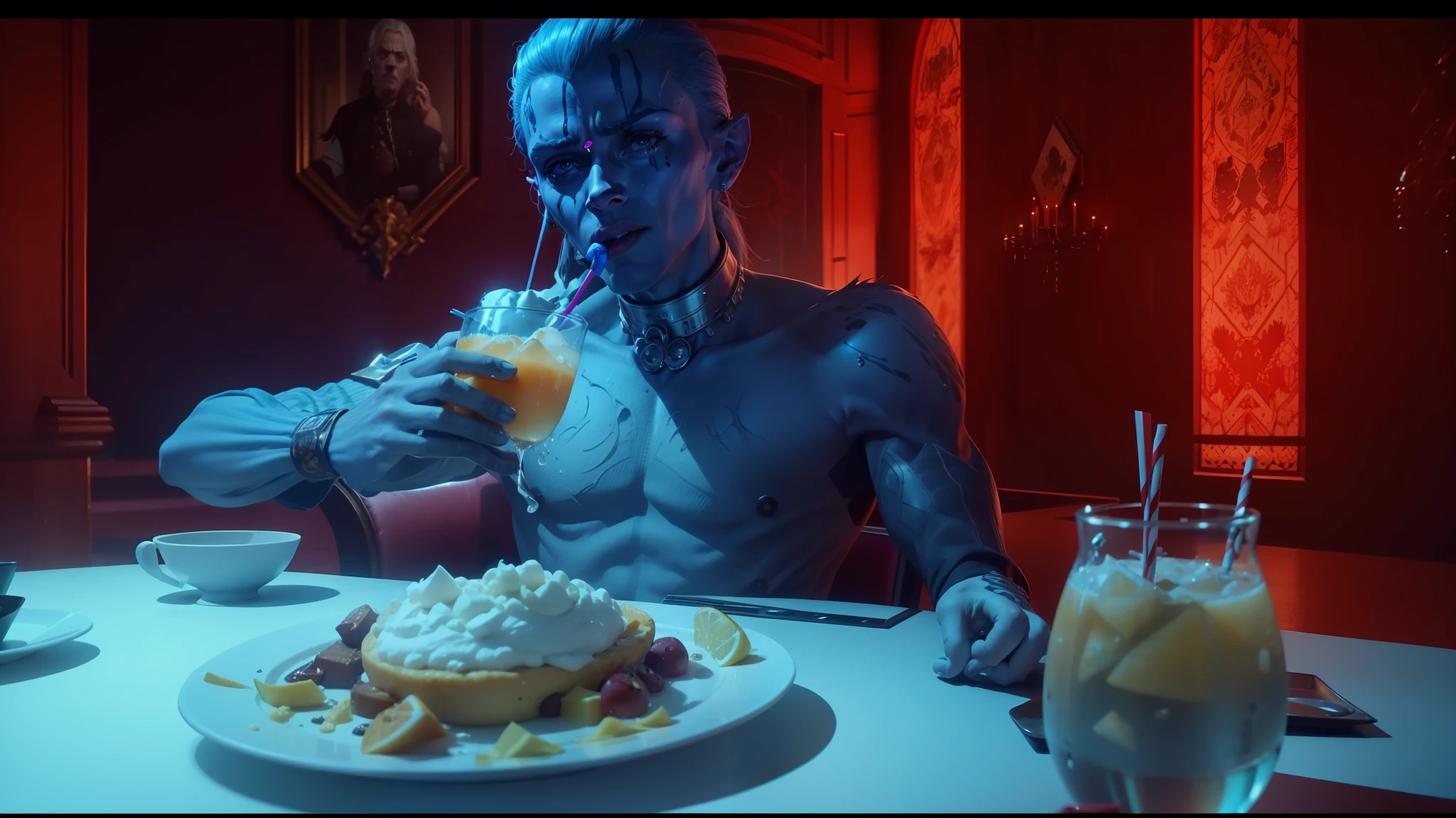 araffe sitting at a table with a plate of food and a drink, still frame from a movie, movie screenshot, love death + robots, screenshot from a movie, die antwoord music video, vfx, still from a movie, film still of joe biden, an alien drinking horchata, cgi 8k, love death and robots --auto --s2