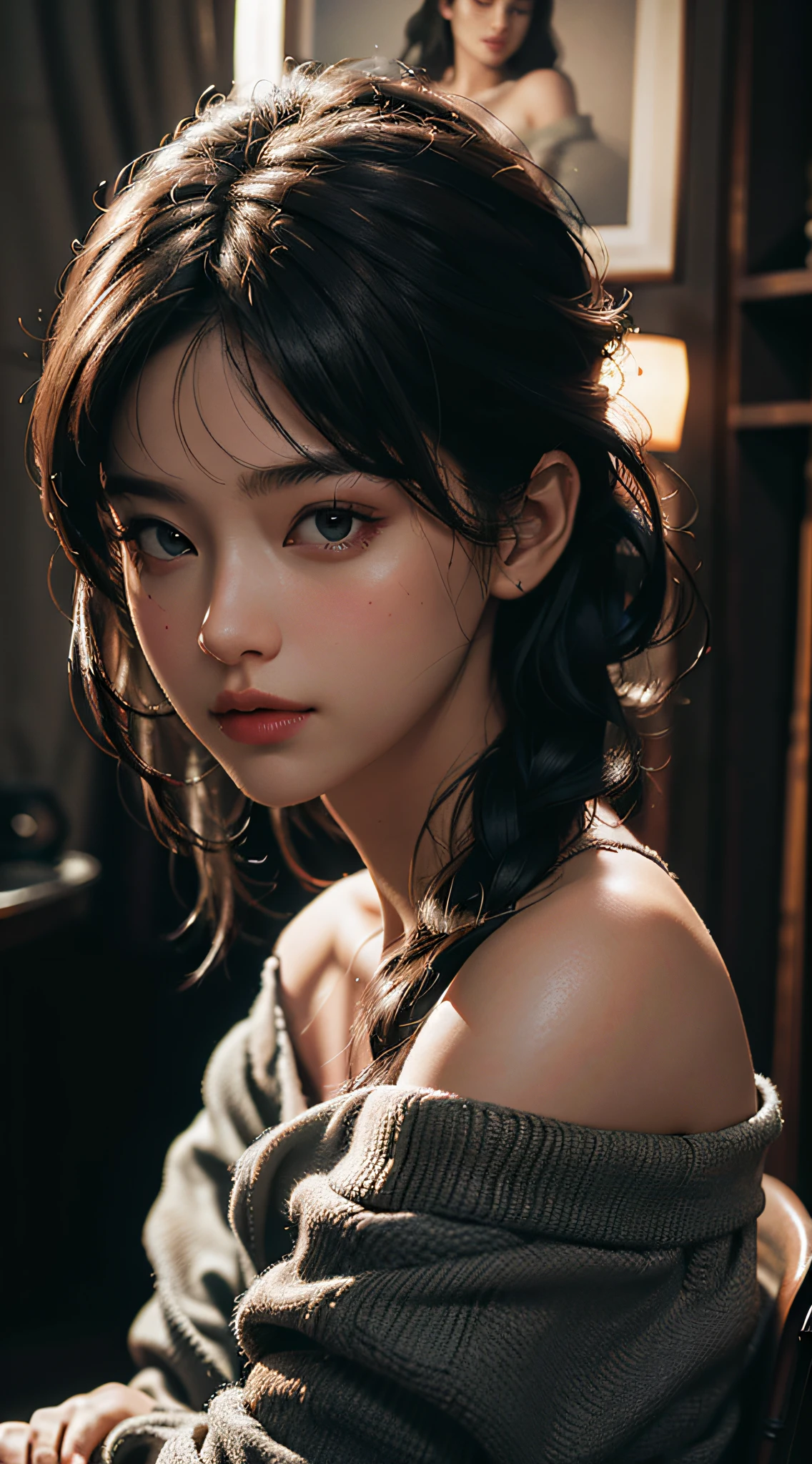 Best quality, masterpiece, ultra high res, (photorealistic:1.4), raw photo, 1girl, off shoulder, cinematic lighting, f1.8,