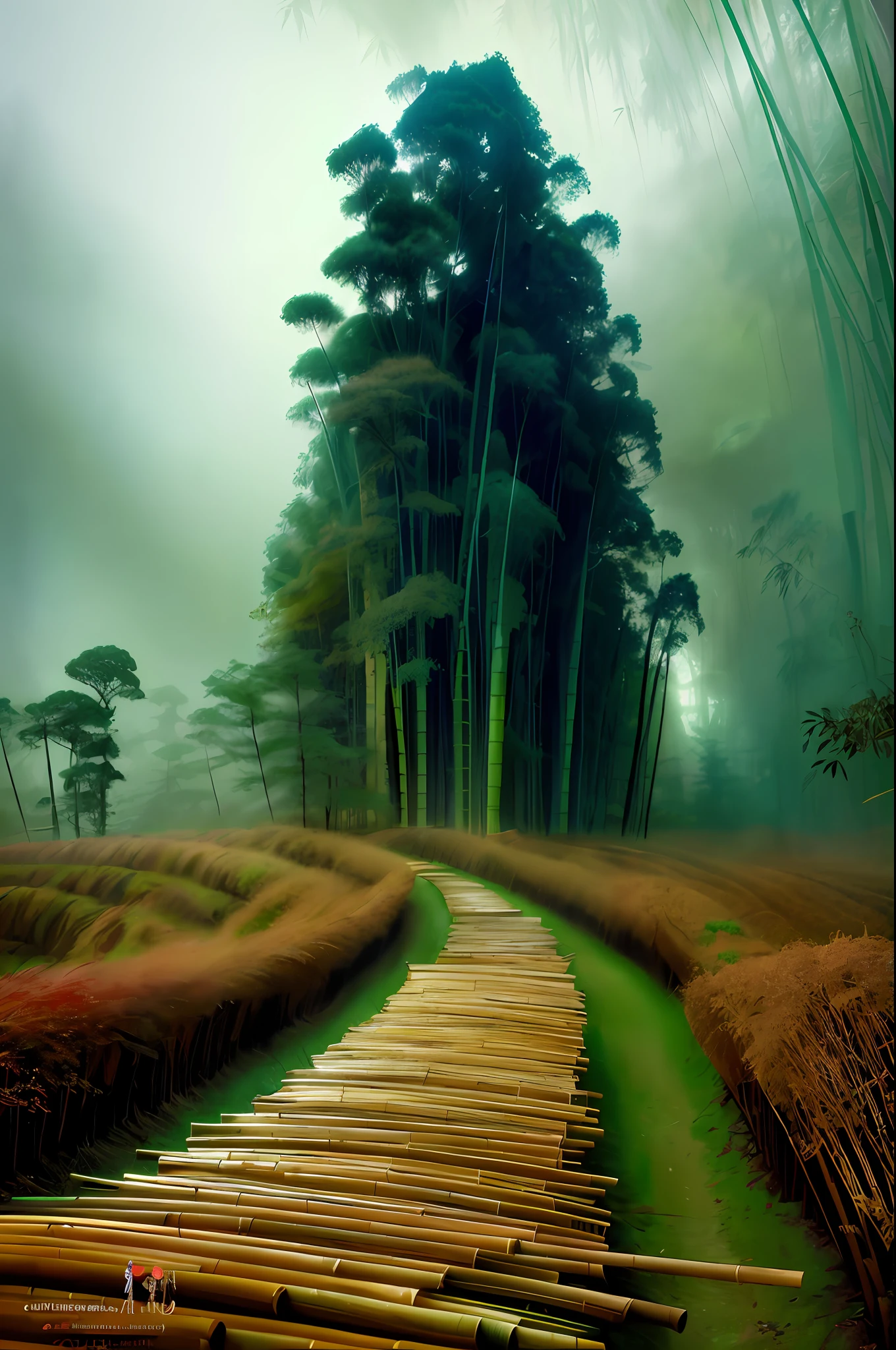 RAW, Masterpiece, Ultra Fine Photo,, Best Quality, Ultra High Resolution,thick bamboo forest, arashiyama bamboo forest, Sagano Bamboo Forest, stefan koidl inspired, bussiere rutkowski andreas rocha, inspired by Tomasz Jedruszek, inspired by Golden Pavilion, dark cinematic concept art, eerie nostalgic concept art, inspired by Igor Kieryluk, inspired by Ismail Inceoglu,