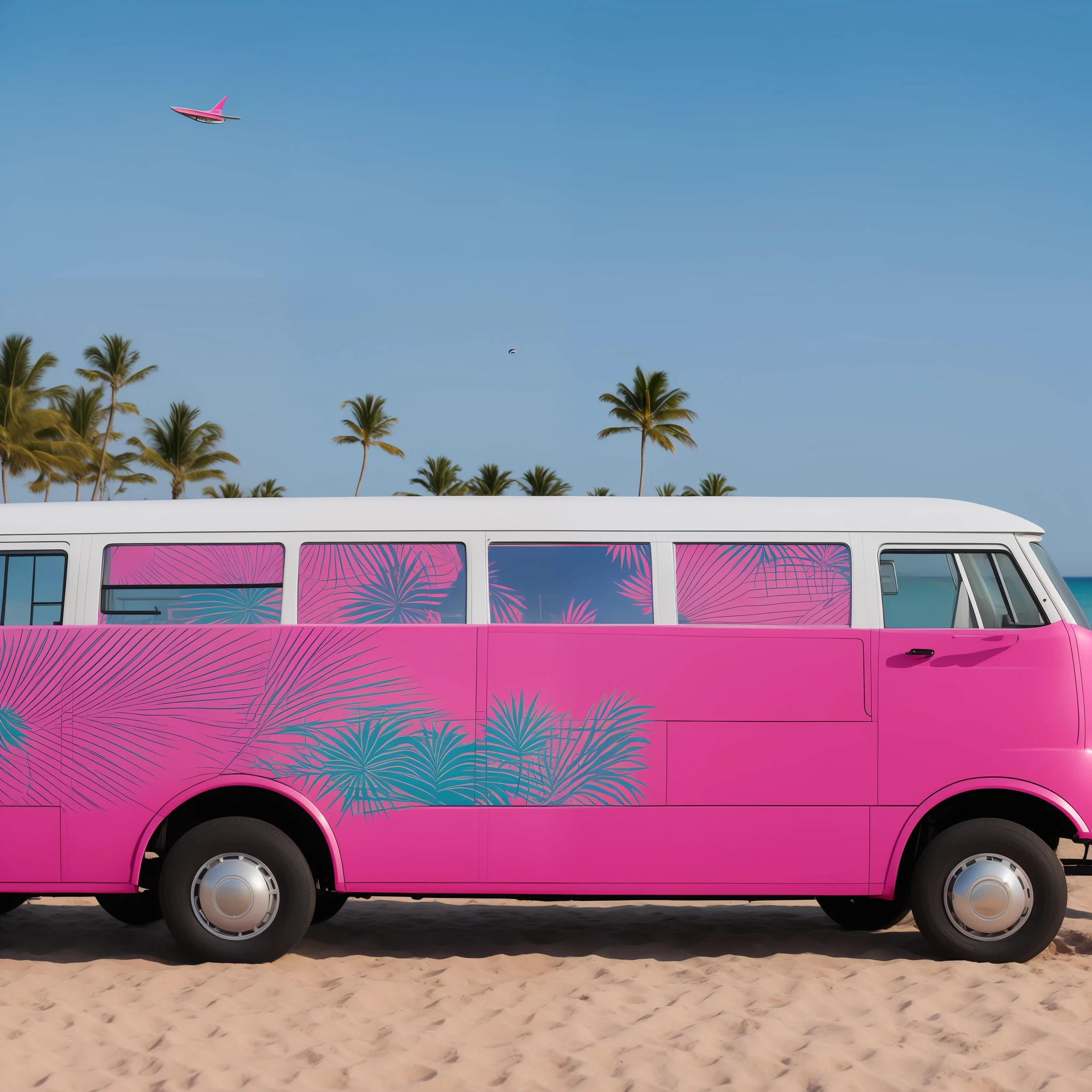 A wagen bus runs on the beach with a surfboard on the roof, the car paint is mainly white and pink, and the side of the wagen bus is pop art in the style of Ligneclaire, depicting palm trees, airplanes, the moon, beach umbrellas, deck chairs and tables on the seaside.