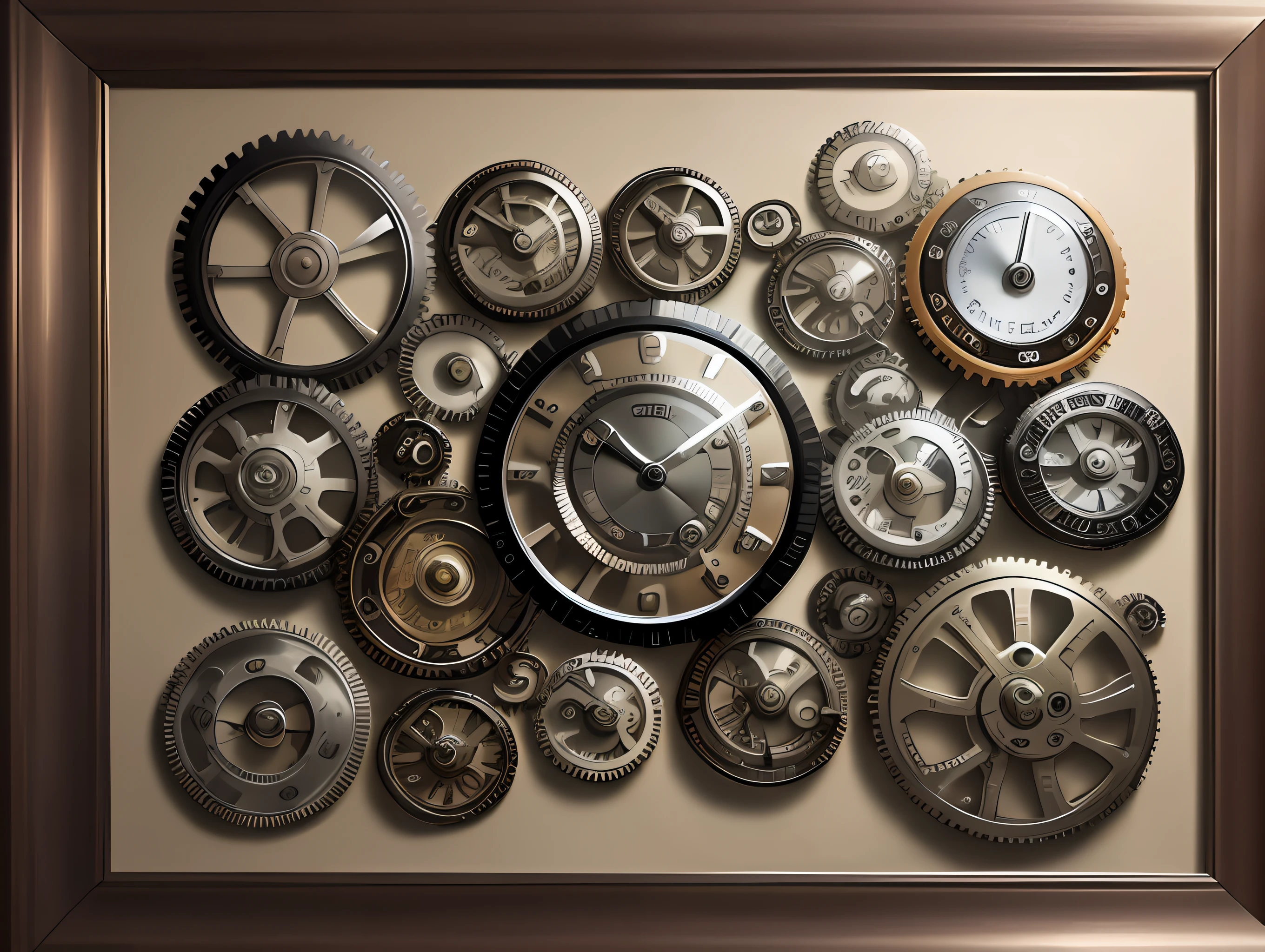 Create a frame filled with scrap parts, gears, watches, tubes, pipes, screws, metallic colors
