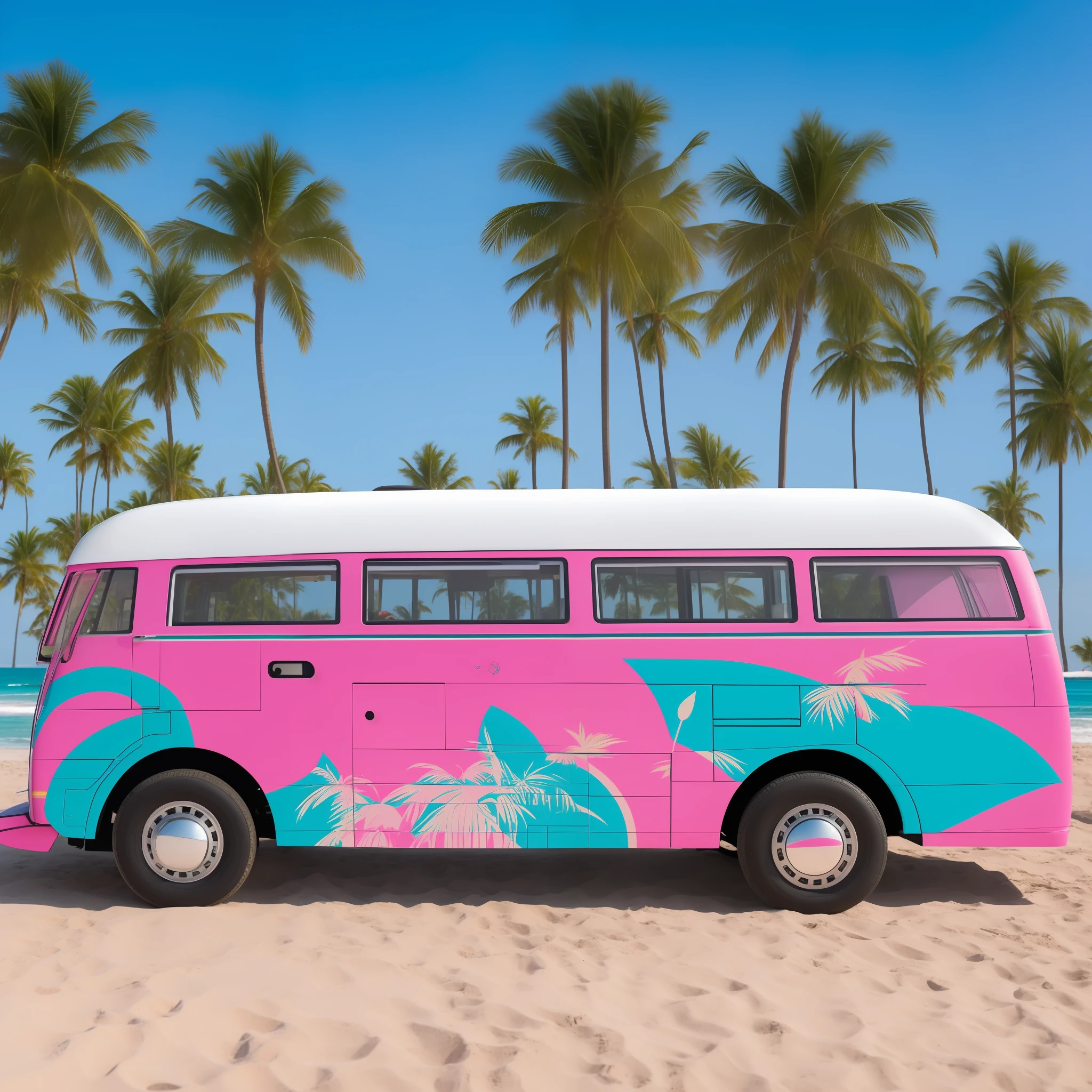 A wagen bus runs on the beach with a surfboard on the roof, the car paint is mainly white and pink, and the side of the wagen bus is pop art in the style of Ligneclaire, depicting palm trees, airplanes, the moon, beach umbrellas, deck chairs and tables on the seaside.