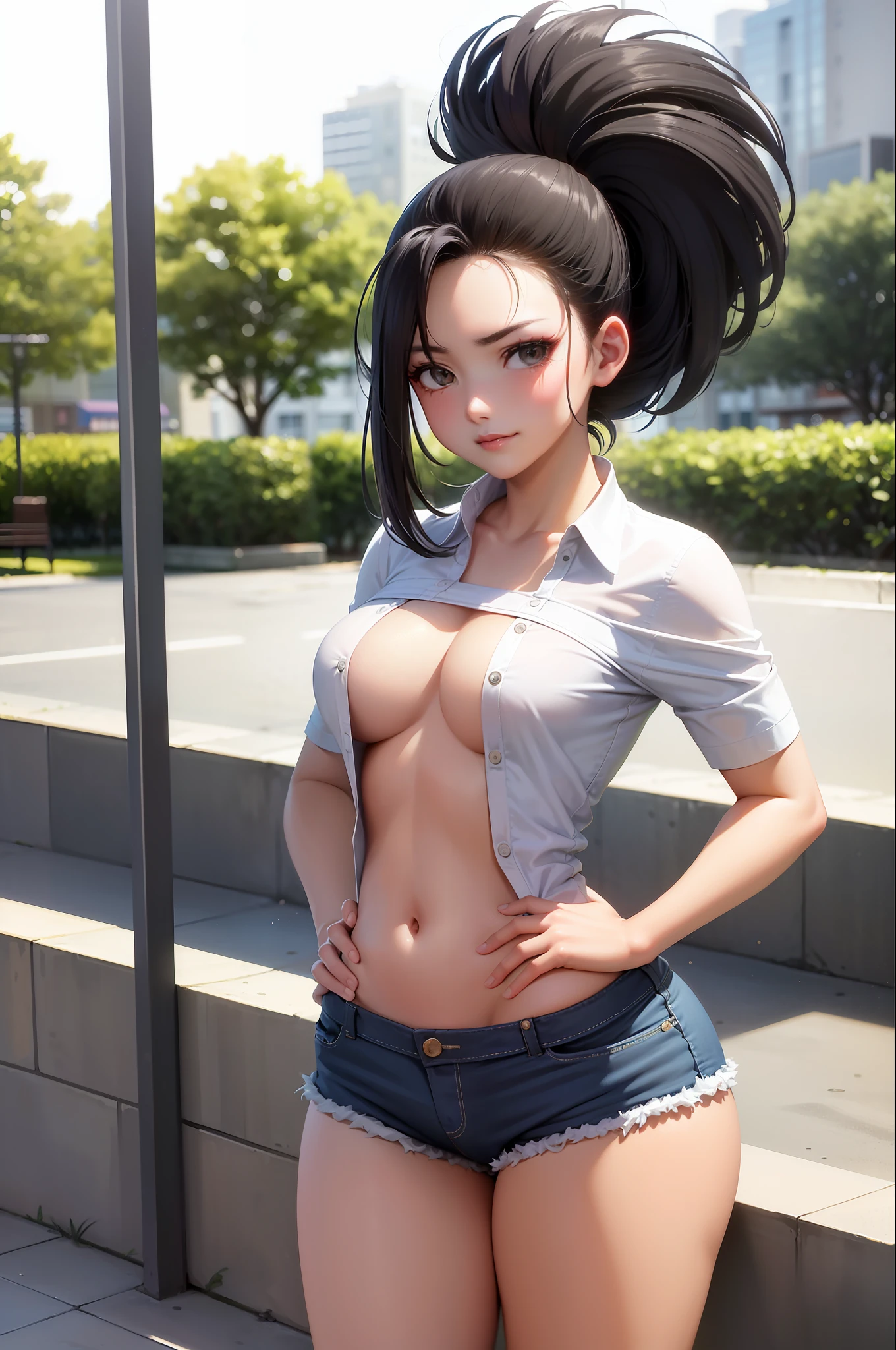 (masterpiece, best quality: 1.2), cowboy shot, solo, 1girl, yaoyorozu momo, anime screencap, city, long hair, black hair, gray eyes, looking at the viewer, lustful, closed mouth, ass, wide hips, short shirt, short shorts, unbuttoned shorts, squatting, erotica, front