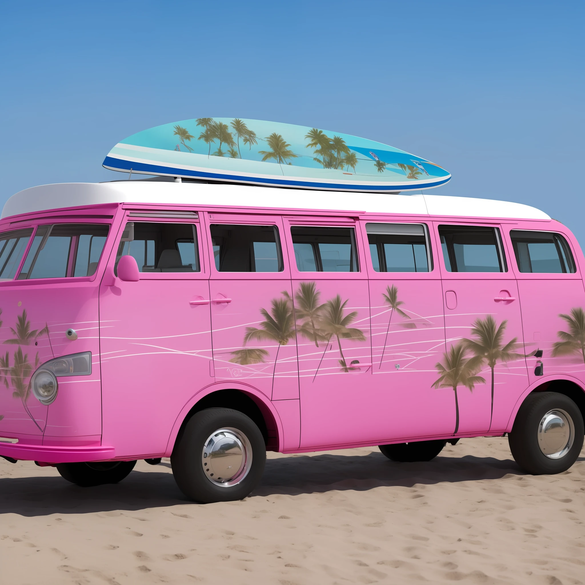 A wagen bus runs on the beach with a surfboard on the roof, the car paint is mainly white and pink, and the side of the wagen bus is pop art in the style of Ligneclaire, depicting palm trees, airplanes, the moon, beach umbrellas, deck chairs and tables on the seaside.