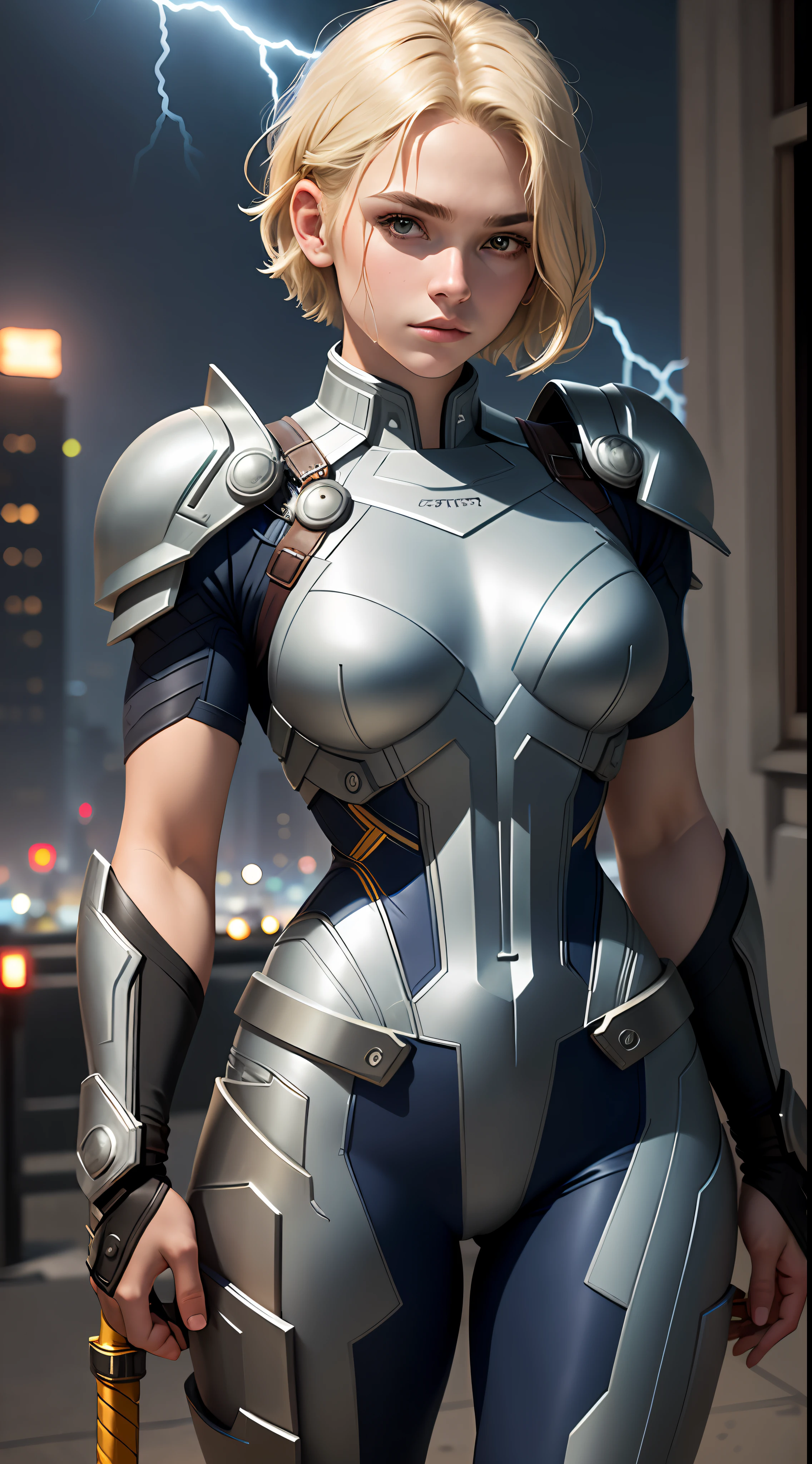 18-year-old girl, upper body, close-up, Thor suit, trousers, (((short hair)), blonde hair, beautiful face, Mjolnir, lightning, city of night, masterpiece, exquisite details, perfect anatomy