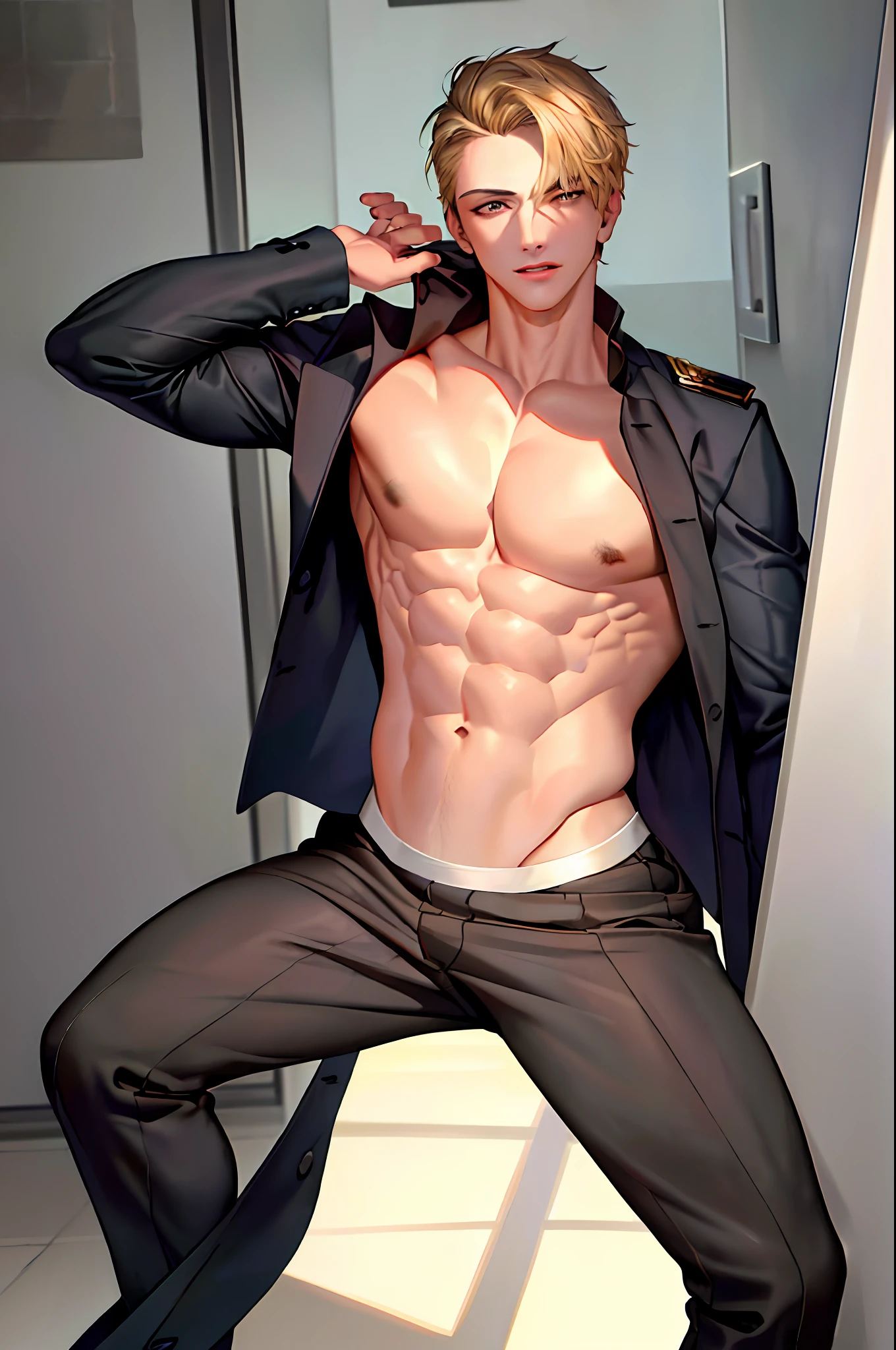 Masterpiece, best quality, masculine handsome boy, very detailed beautiful face and eyes, very detailed skin, (1boy: 1.4), solo, pov, short hair, brown eyes, blonde hair, abs: 0.8, muscles: 0.7, prison, police uniform, male,