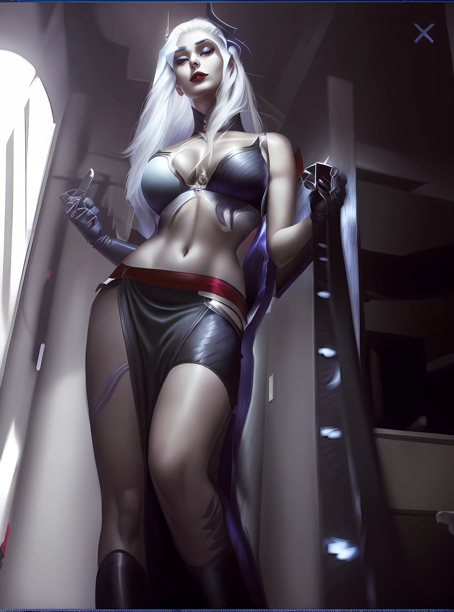 Evelynn in bra jack and skirt standing , dominatrix, very sexy outfit, ripped clothes holding whip, white hair, holding a whip, tight attire, very sexy outfit, unsheathing her katana, mistress, full body length shot, wrapped in leather straps, dominant pose, katanas strapped to her back, sexy outfit, midriff exposed