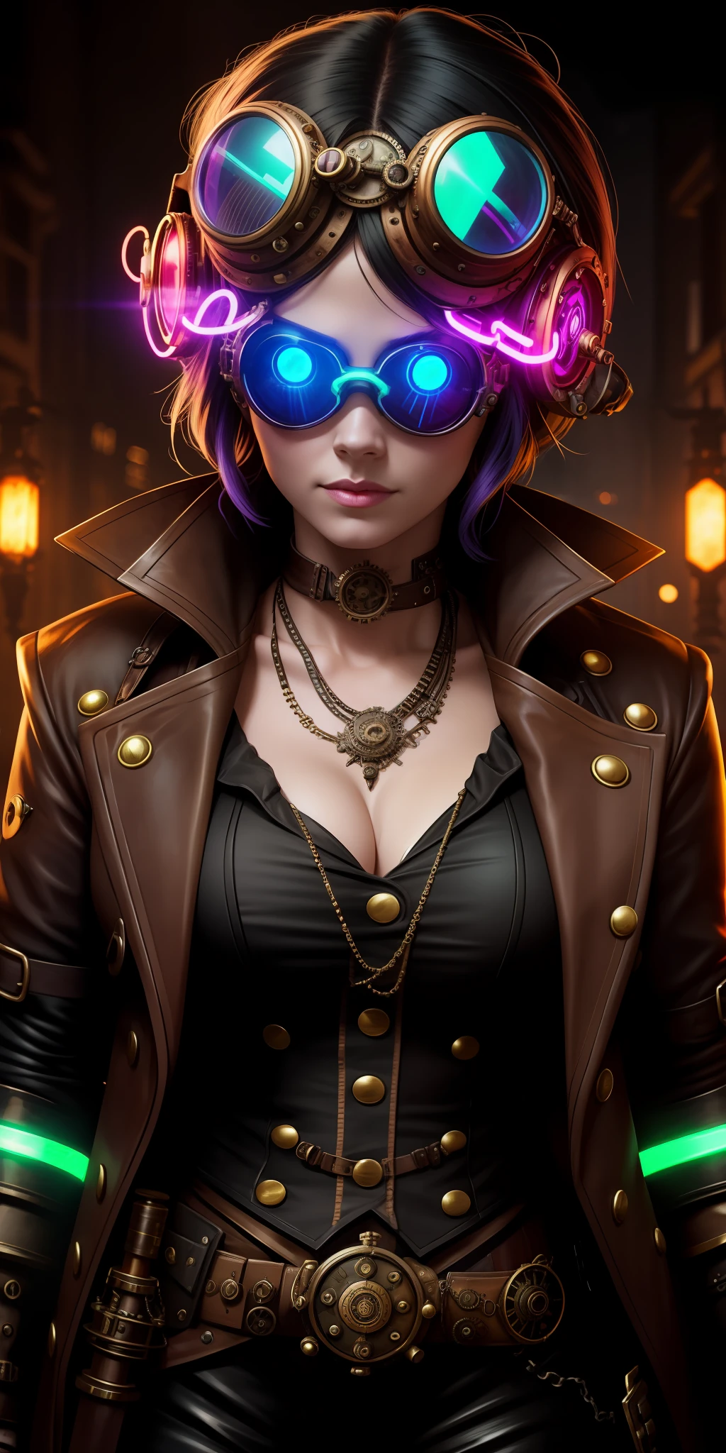 steampunkai zeena2022 wearing steampunk goggles, portrait(neon)