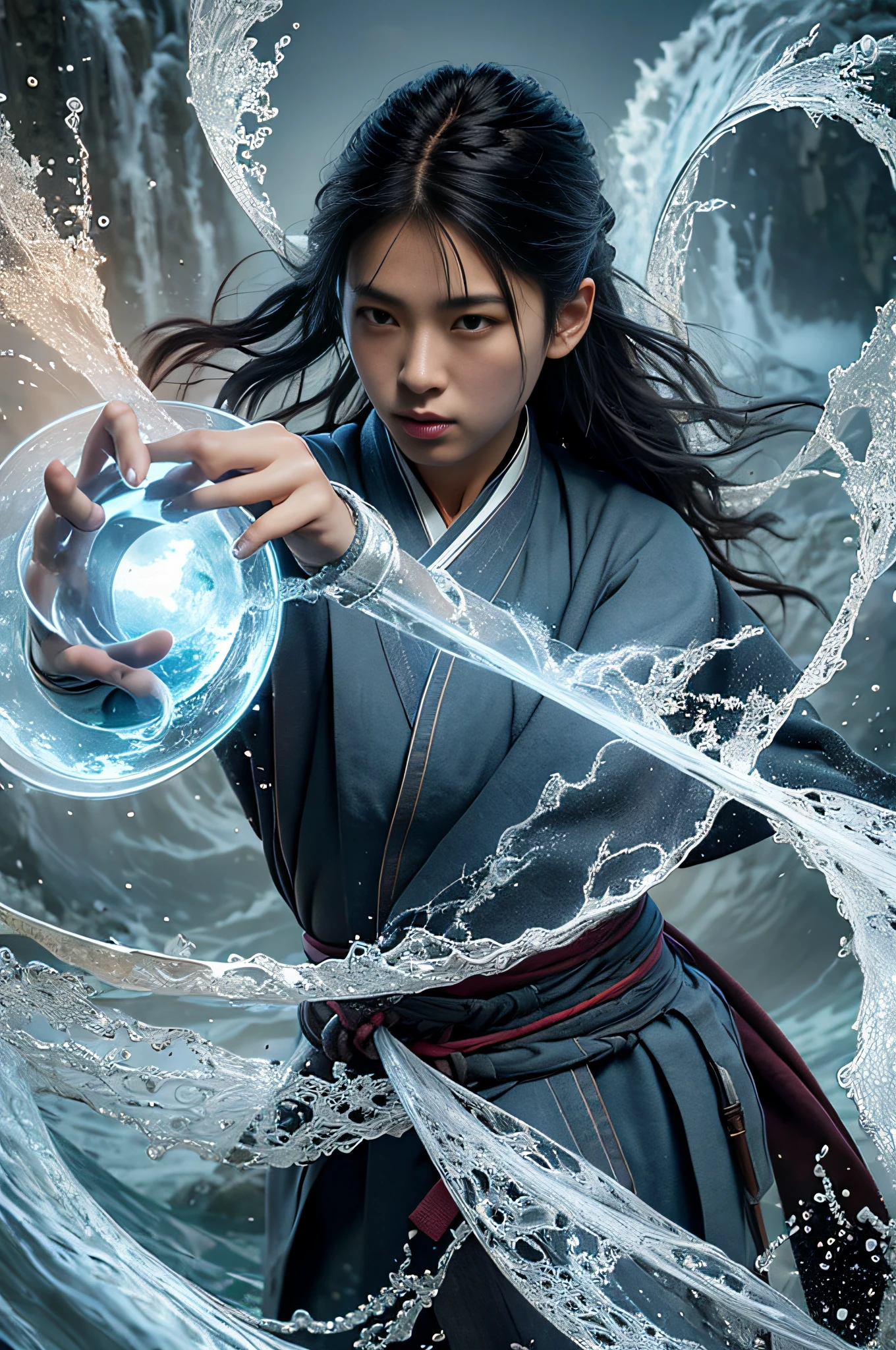 Best quality, masterpiece, super high resolution, hanfu, jade water book, black hair, water, waves, crashing waves, spells, fa gong, Asian, 1 boy, male, very handsome, tall muscular man, broad shoulders, long hair, undercut, dark brown eyes, fine eyes and detailed face, extremely detailed CG Unity 8k wallpaper, intricate details, (Style Vortex Magic: 0.7), Looking at the Audience, Solo, (Full Body: 0.6), Detailed Background, Detailed Face, Hair Fluttering in the Wind, Martial Artist, Dynamic Pose, Fighting Stance, Clenched Fists, Fingerless Gauntlet, Wristband, Dragon Themed Costume, Monk Robe, Rotating Floating Particles, Dynamic Composition, Big Muscles, Mountains, Rocks