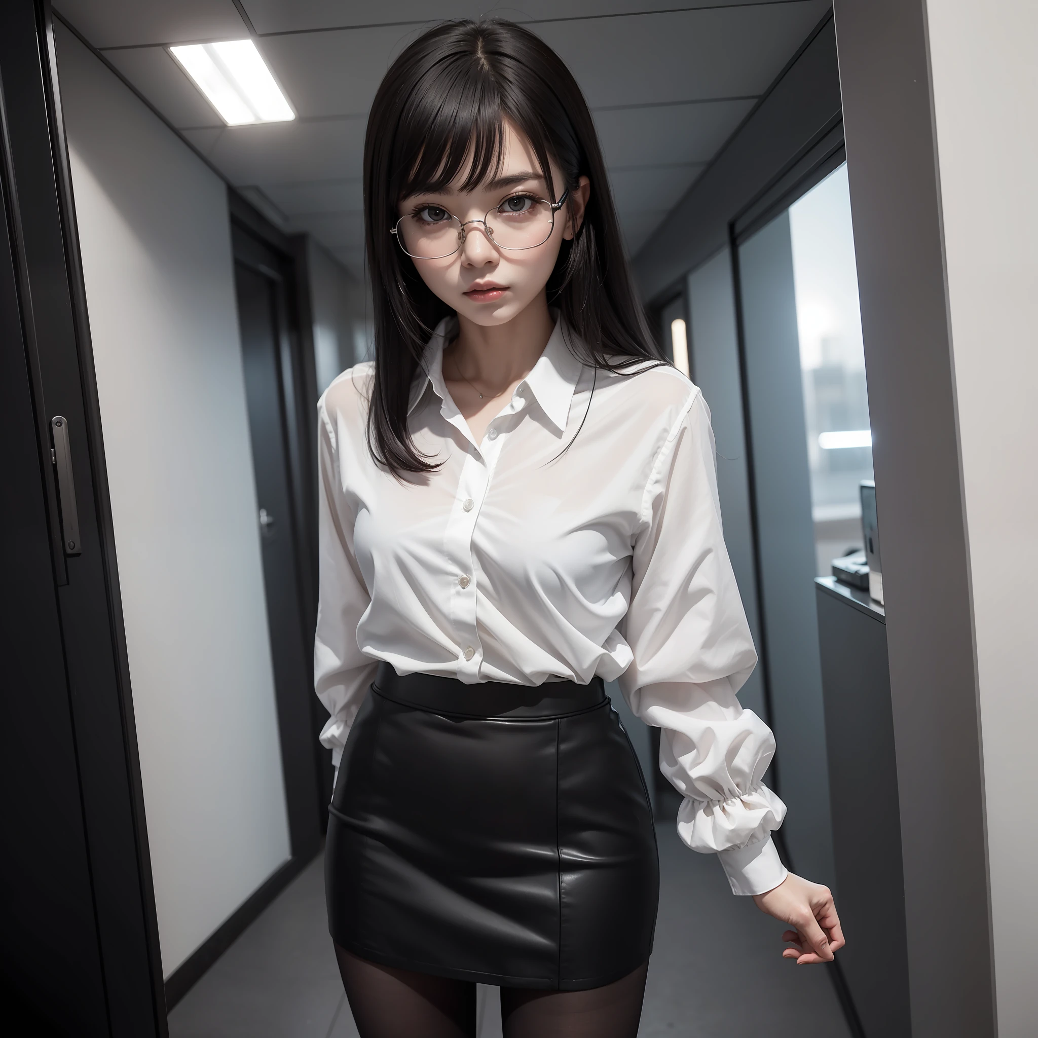(Absolutely One Woman),(One Girl),Alone,Solo,Standing,Knees Spread,Raw Photo, Candid, Narrow Eyes,Full Body,Black Pantyhose,Textured Skin,,Office Lady,Suit,Skirt,Bangs About Eyebrows,(Shotcut),Looking Viewer,Raw Photo,Pale Skin,Japan People, Glasses, Small, Young, Tall, Dark Expression, Bright Black Eyes, Anger, Slender Body, Medium Build, Small waist, wide thighs, photorealistic, best quality, 8K, masterpiece