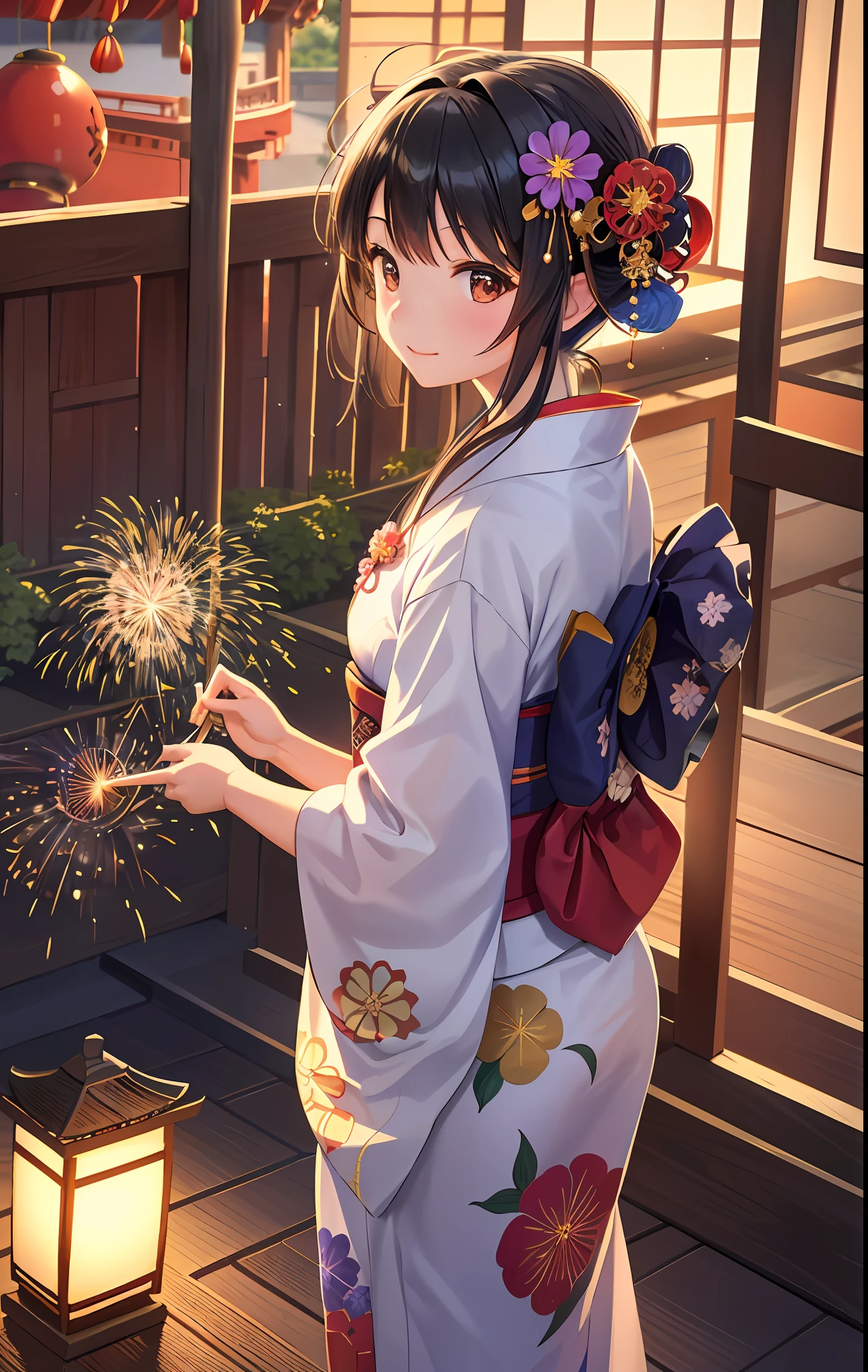 Top quality, intricate details, 1girl, subaru_kimono, (cute girl, yukata, morning glory, black hair), ((fireworks)),(wind chimes,goldfish,bubbles),hair bows, hair flowers, garden, summer, (((outdoor)), (East Asian architecture: 0.6), backlit, diffused lighting, smiles, traditional Japan Japanese atmosphere: 1.2),(Sunset: 1.1))