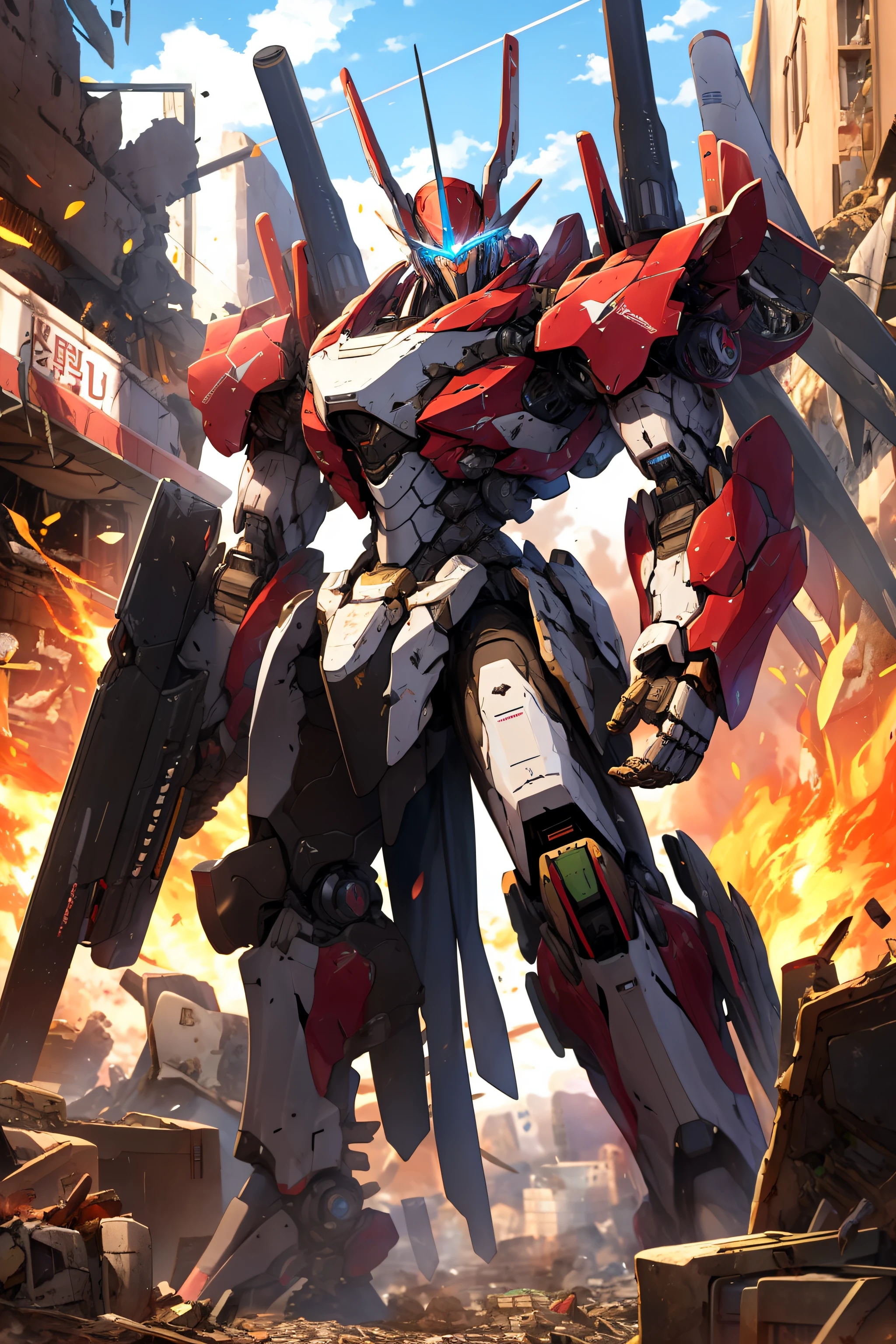 masterpiece, best quality, mecha, no humans, black armor, blue eyes, science fiction, fire, laser canon beam, war, conflict, destroyed city background