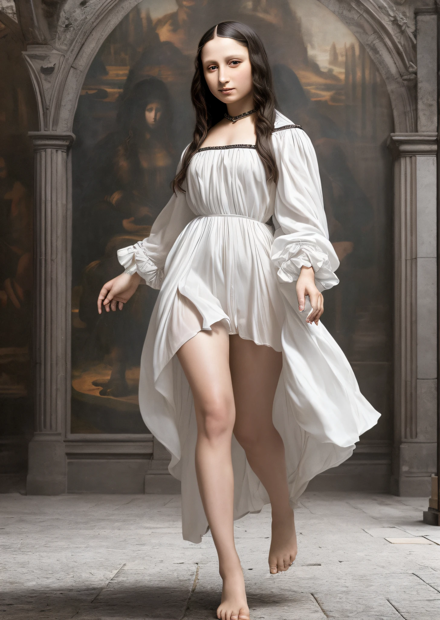 Mona Lisa and an off-the-top man walking, gentle expression, full body portrait, barefoot, light streaks falling from the sky, masterpiece, highest quality, high quality, highly detailed CG unit 8k wallpaper, award winning photo, bokeh, depth of field, HDR, flood, chromatic aberration, realistic, very detailed, art station trend, CGsociety trend, complex, high detail, dramatic, midway art, volumetric lighting