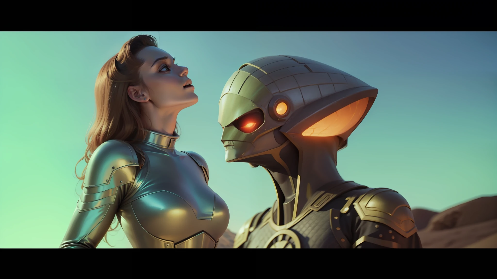 a close up of a woman in a shiny outfit next to a creature, die antwoord music video, still from a music video, mars attacks, when mars attacks, otherworldly visuals, scene from dune 2 0 2 1 movie, film still from dune 2020, kylie minogue as barbarella, film still from movie dune-2021 --auto --s2