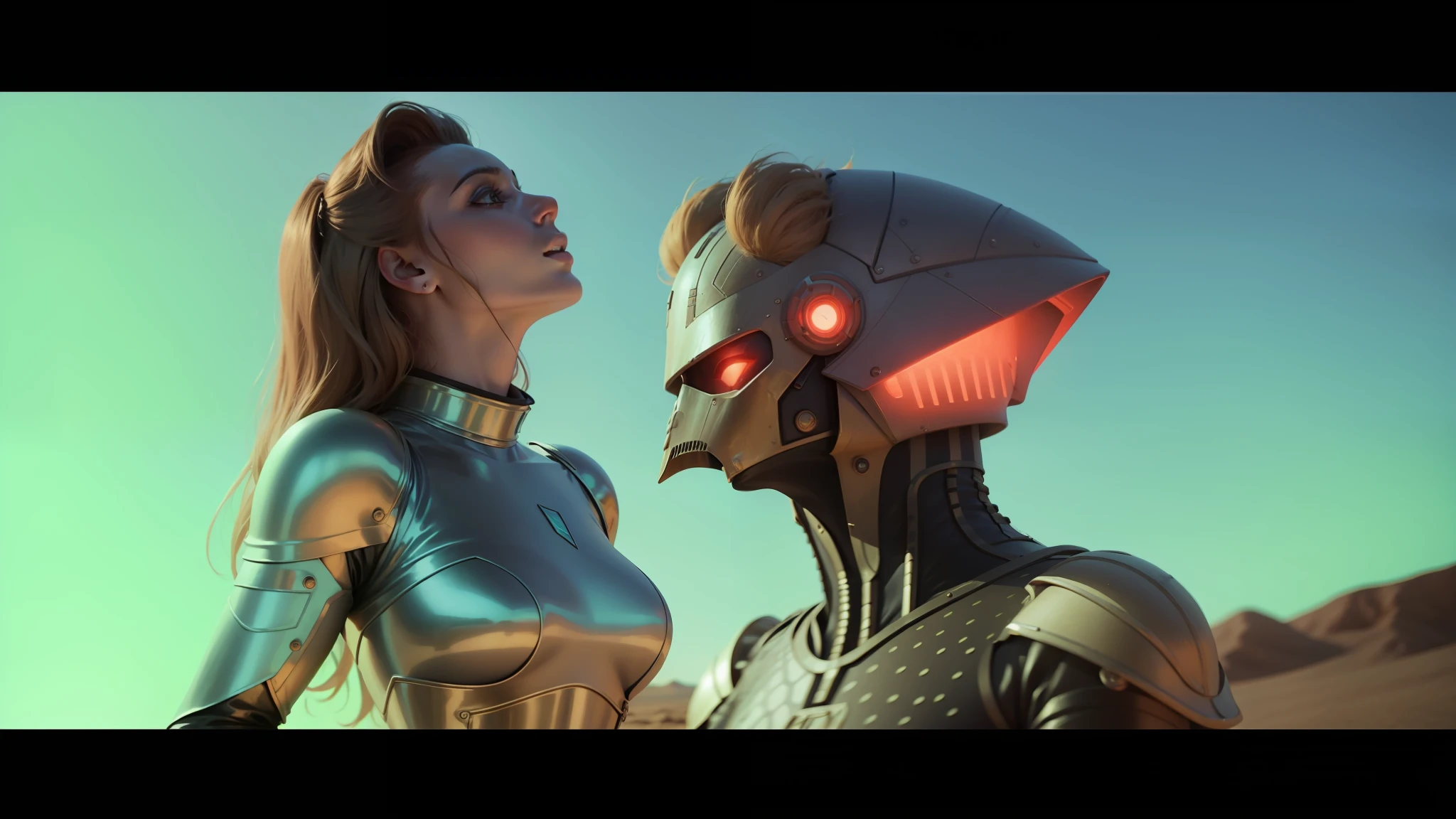 a close up of a woman in a shiny outfit next to a creature, die antwoord music video, still from a music video, mars attacks, when mars attacks, otherworldly visuals, scene from dune 2 0 2 1 movie, film still from dune 2020, kylie minogue as barbarella, film still from movie dune-2021 --auto --s2