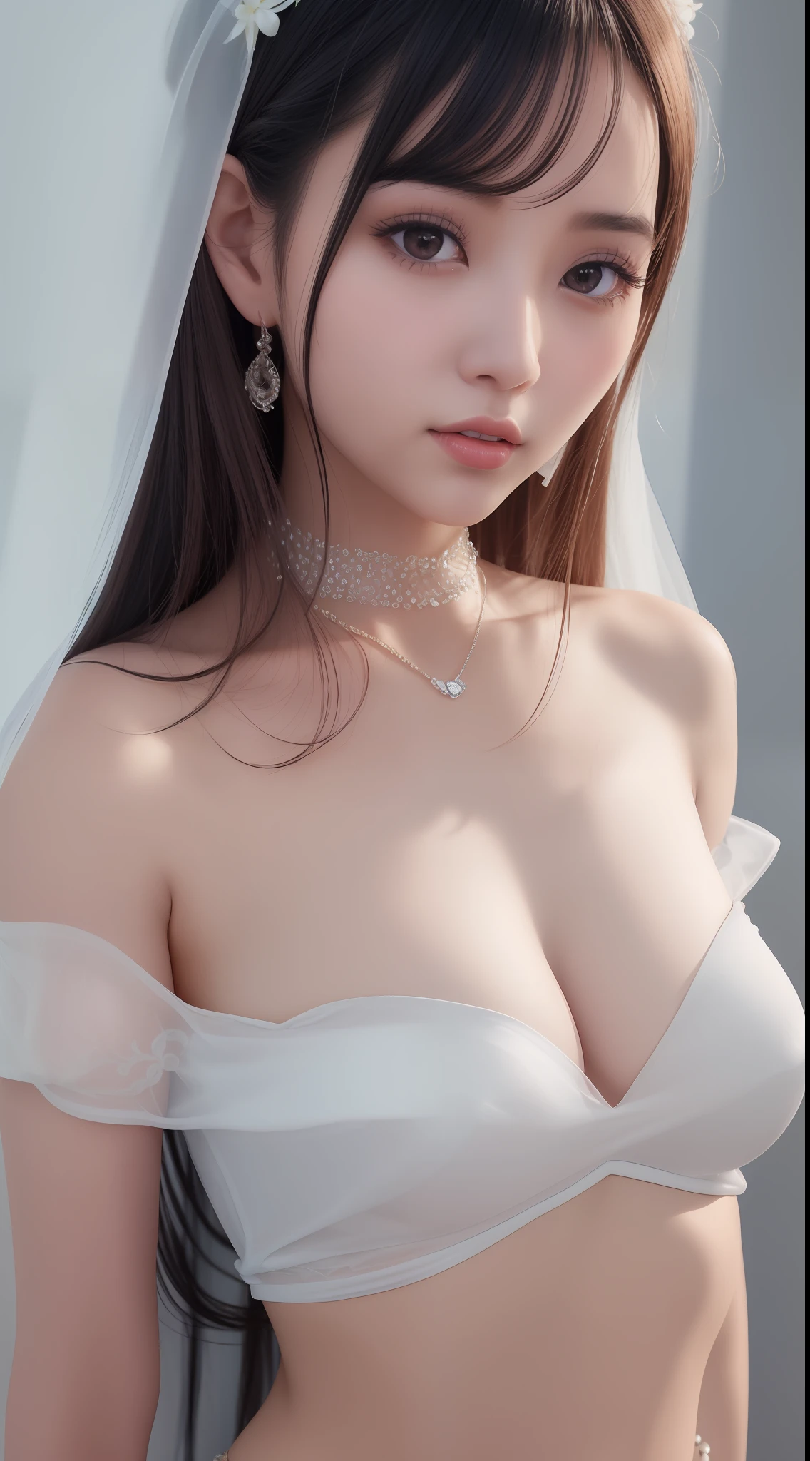 Fashion trendy beautiful, gentle and charming Taiwanese lady, (jpop idol), (big breasts), delicate and sexy collarbone, oval face, double eyelids, smart peach blossom eyes, pink lips, small nose, bare shoulders, focus on the face, close-up of the face, Ultra-high-definition, super-detailed, full-body photo, ultra-thin and light-transmitting, ((strapless)), the white off-the-shoulder shirt perfectly echoes the silver blue slit skirt, fresh and good, and can be see through, sheer fabrics, (areolas slip), (NSFW:1.025)