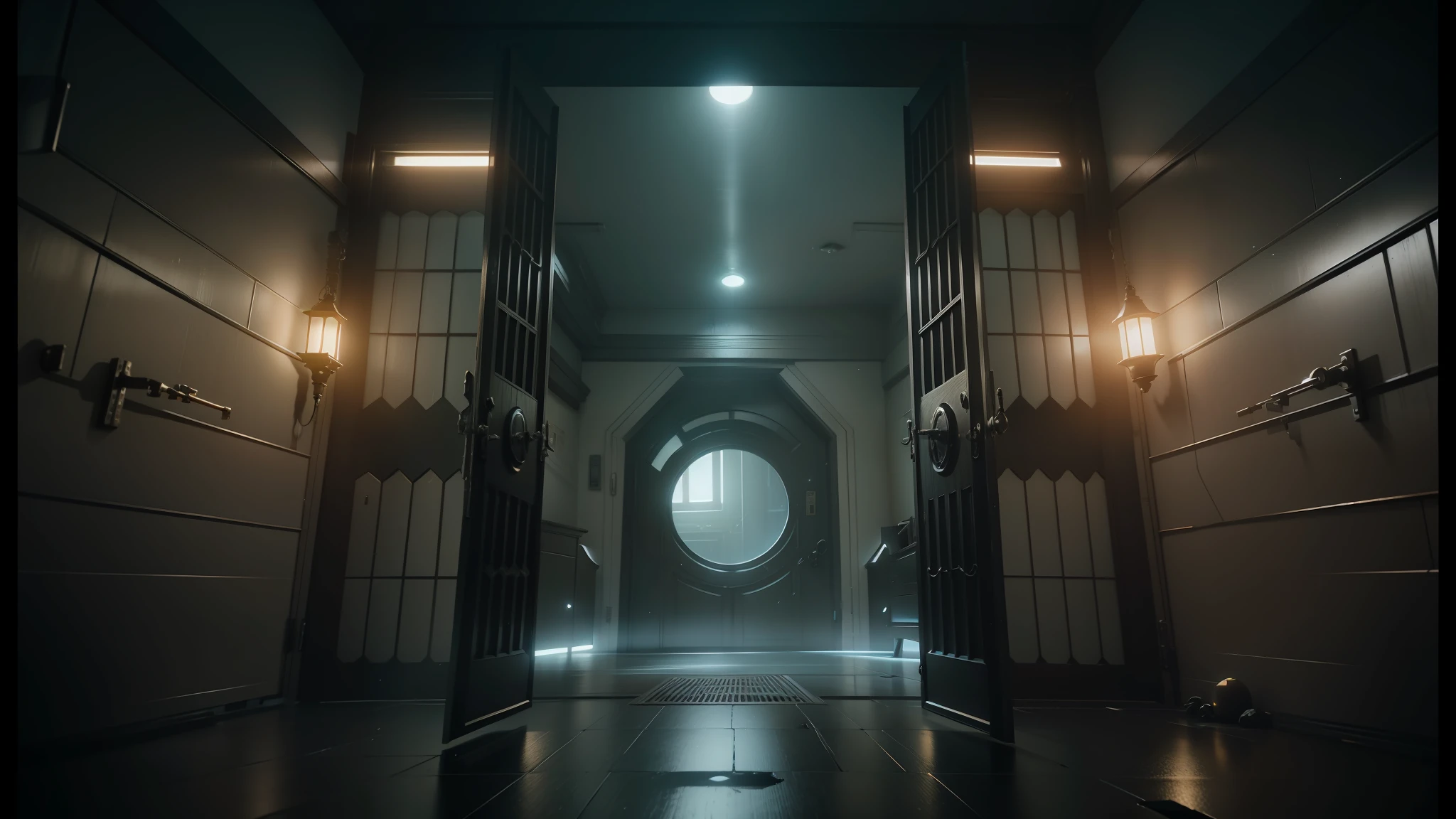 a dimly lit room with a door open to a dark room, by Mike Winkelmann, unreal engine cinema4d, cinematic smooth unreal engine, cinematic unreal engine, octane render unreal engine 8 k, cinematic unreal 5, 2 0 2 1 cinematic 4 k framegrab, beeple and mike winkelmann, cgsociety unreal engine, cgsociety 9 --auto --s2