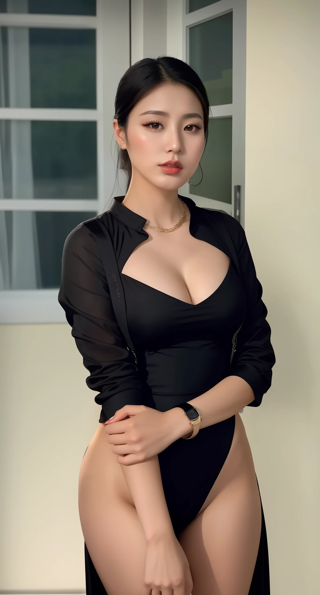 arafed asian woman in a black dress posing for a picture, asian, korean woman, asian female, with a seductive smile, an asian woman, beautiful south korean woman, asian woman, lorena avarez, attractive photo, she is wearing a black dress, asian women, jiyun chae, korean, wearing a tight black dress, full body xianxia