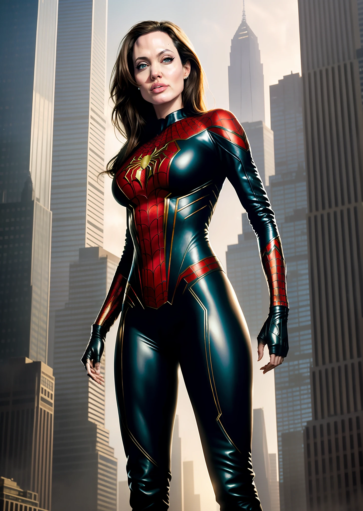 Angelina Jolie in detailed brown Spider-Man costume, big breasts, superhero pose, standing on skyscraper, hyperdetailed, smoke, sparks, sunbeams, (8k), realistic, symmetrical, award-winning, heavy fog, soaked, film, 75mm, scratches, full body shot, close-up, torn and dirty clothes, detailed face,