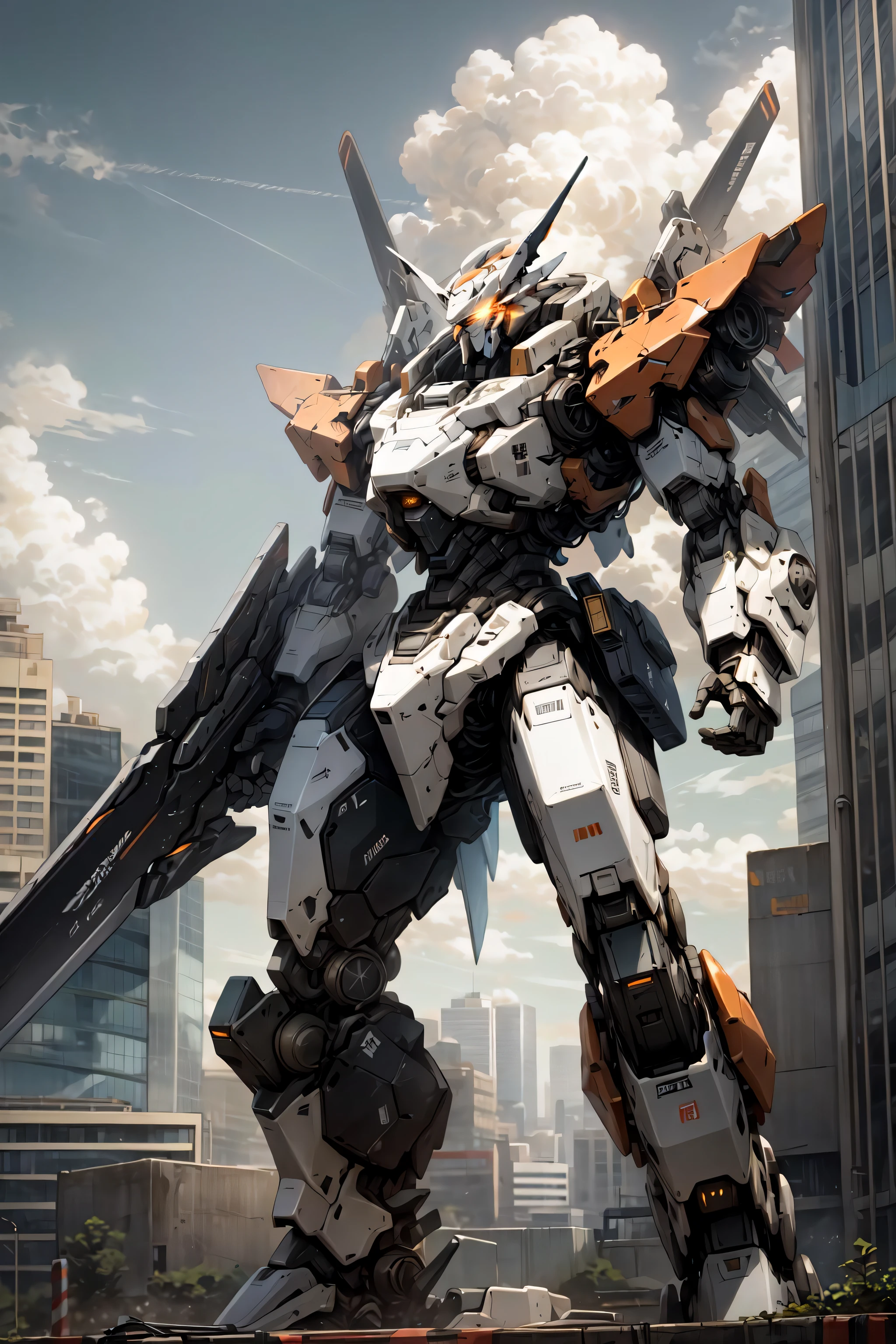 sky, cloud, holding_weapon, no_humans, glowing, , robot, building, glowing_eyes, mecha, science_fiction, city, realistic,light orange mecha