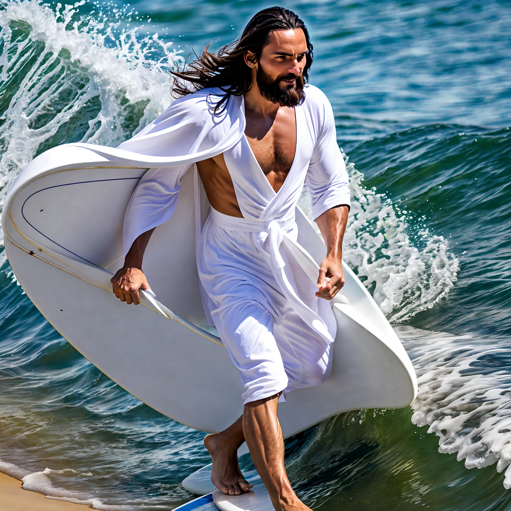 Jesus Christ, in white tunic and sandal, surfing wave in Hawaii, looking at the viewer, sunny day, photo-realistic image, realistic --auto --s2