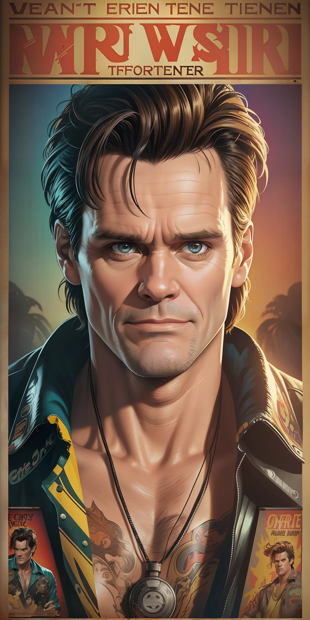 Jim Carrey as Ace Ventura, vhs effect, (poster:1.6), poster on wall, nostalgia, movie poster, portrait, close up
(skin texture), intricately detailed, fine details, hyperdetailed, raytracing, subsurface scattering, diffused soft lighting, shallow depth of field, by (Oliver Wetter))neon)