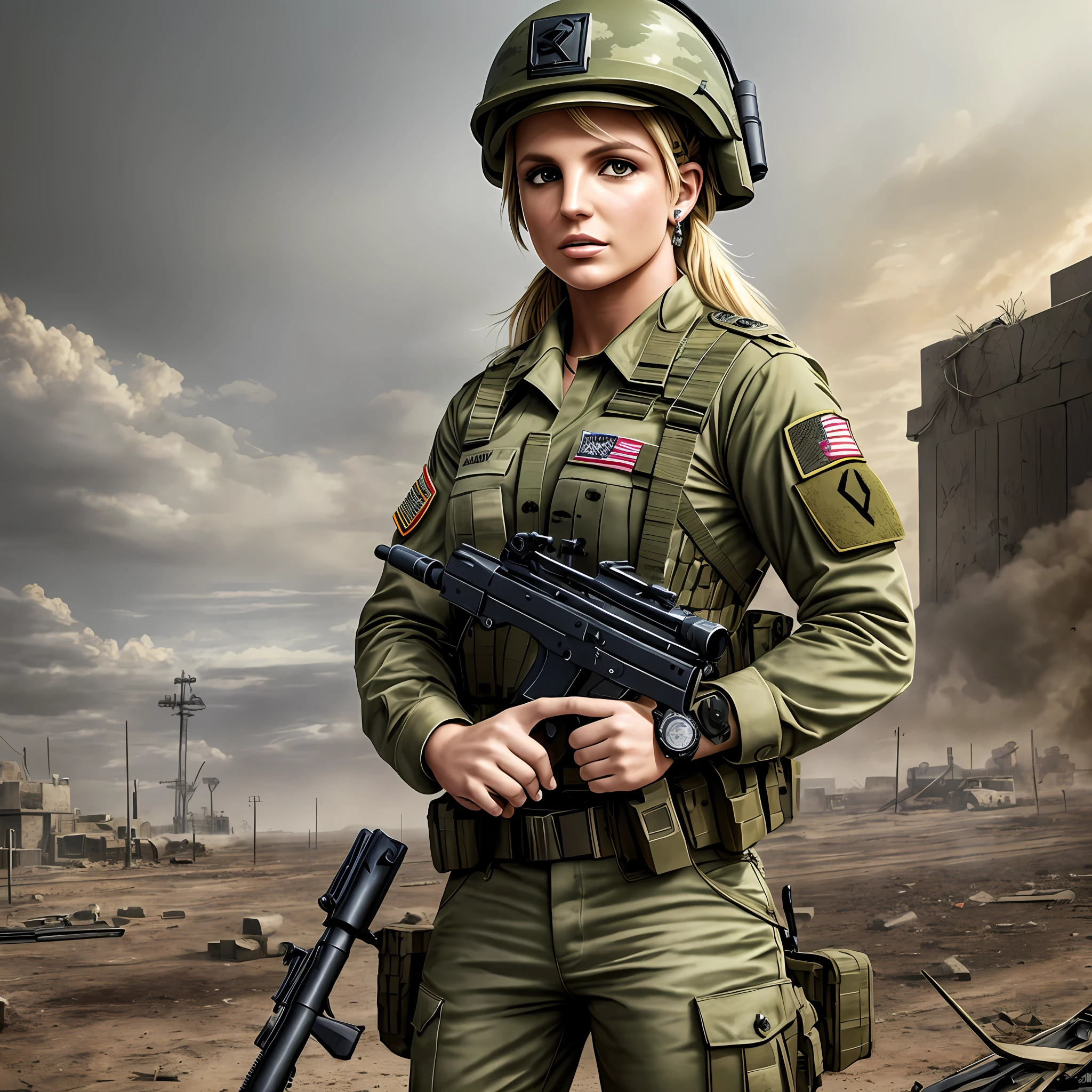 Britney Spears in army uniform armed with a machine gun, high quality art,
Realistic and with the realistic apocalyptic background in 4K --auto --s2
