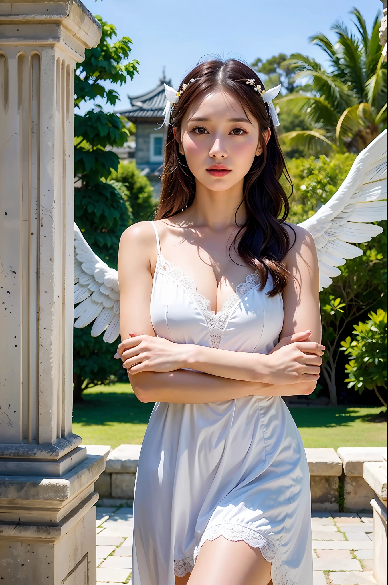 Dressed up with winged cute angel, wearing a beautiful garland on the head, symmetrical white feather material simulation of huge wings, exquisite details, HD, 8k, (best quality, masterpiece: 1.2), portrait, breast, outdoors, ancient buildings, tall stone pillars, stone railings, a 25-year-old woman named Yiping in an ancient castle: 2, eyes looking at the camera, natural expression, posture do not stiff, curly wavy long hair, white dress long dress, the same character, various poses, different angles, backlight :1.5,Rich skin details:1.5,