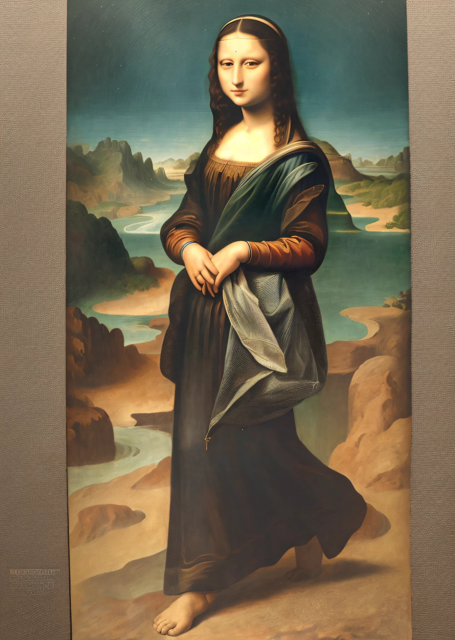 Mona Lisa and an off-the-top man walking, gentle expression, full body portrait, barefoot, light streaks falling from the sky, masterpiece, highest quality, high quality, highly detailed CG unit 8k wallpaper, award winning photo, bokeh, depth of field, HDR, flood, chromatic aberration, realistic, very detailed, art station trend, CGsociety trend, complex, high detail, dramatic, midway art, volumetric lighting