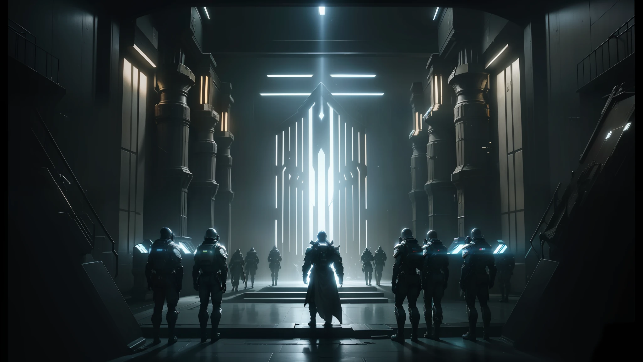 a group of people standing in a dark room with a light shining through the doorway, from a 2 0 1 9 sci fi 8 k movie, cgsociety 9, ilm of an epic sci-fi, 2 0 2 1 cinematic 4 k framegrab, eve online movie still, symmetrical. sci - fi, emmanuel shiu --auto --s2