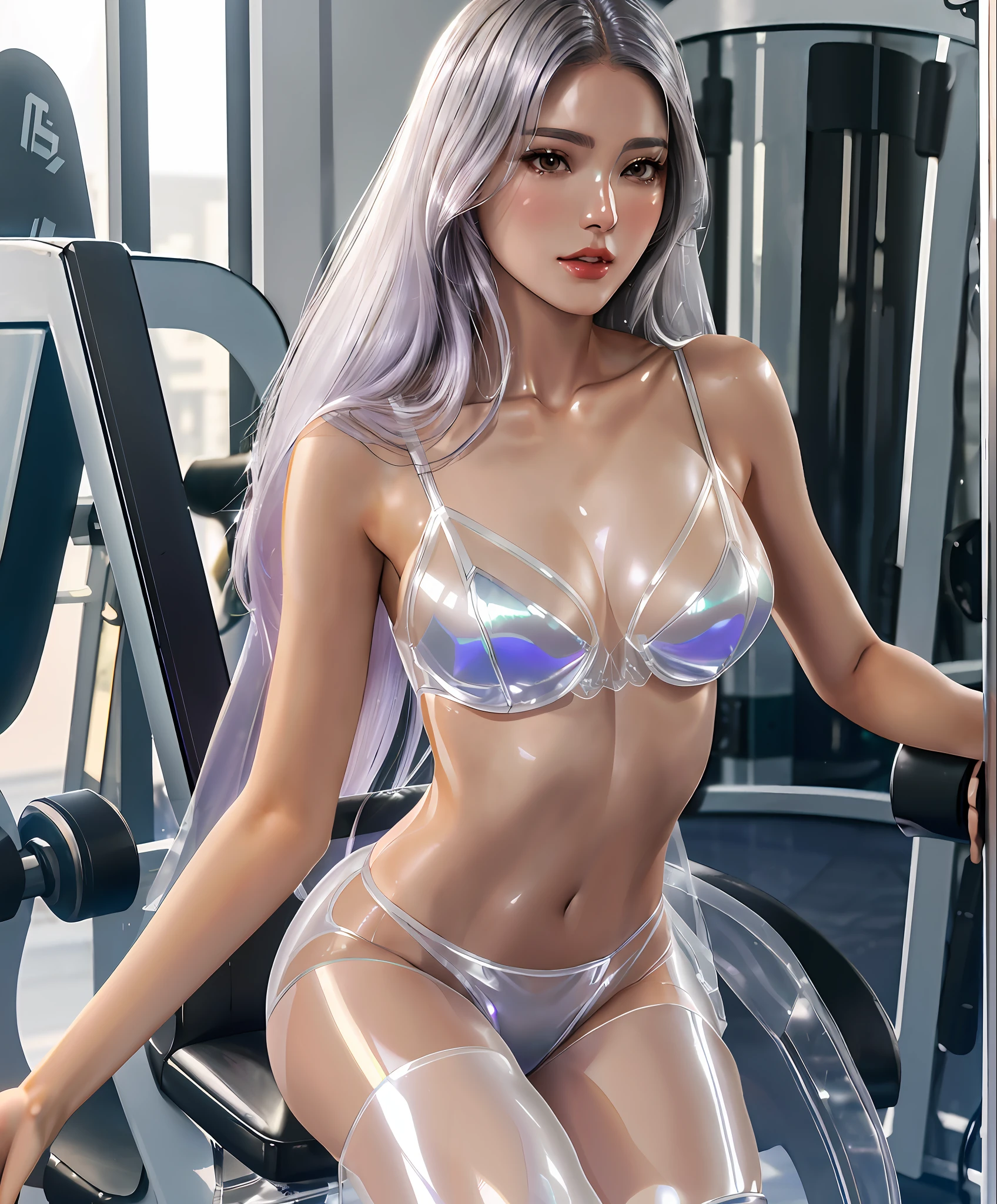 araffe in a transparent suit is posing in a gym, photorealistic perfect body, shiny silver, translucent body, shiny plastic bikini, shiny white skin, sexy body, trending on cgstation, wlop glossy skin, realistic bikini, perfect android girl, cyborg - girl with silver hair, transparent body, shiny plastic, iridescent shiny sheer lingerie
