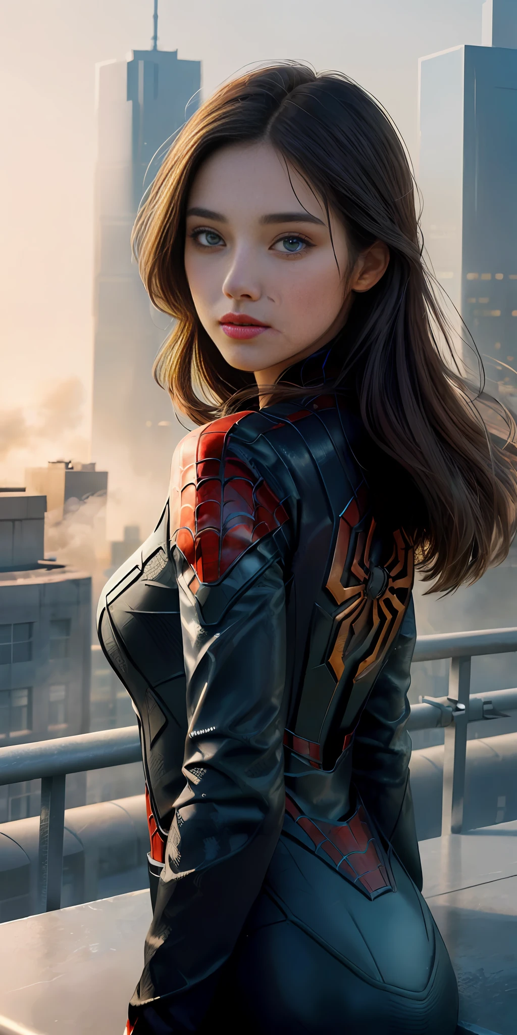 (1girl:1.3), Solo, (((Very detailed face)))), ((Very detailed eyes and face)))), Beautiful detail eyes, Body parts__, Official art, Unified 8k wallpaper, Super detailed, beautiful and beautiful, beautiful, masterpiece, best quality, original, masterpiece, super fine photo, best quality, super high resolution, realistic realism, sunlight, full body portrait, amazing beauty, dynamic pose, delicate face, vibrant eyes, (from the front), She wears Spider-Man suit, black and white color scheme, spider, very detailed city roof background, rooftop, overlooking the city, detailed face, detailed complex busy background, messy, gorgeous, milky white, highly detailed skin, realistic skin details, visible pores, clear focus, volumetric fog, 8k uhd, DSLR camera, high quality, film grain, fair skin, photo realism, lomography, futuristic dystopian megalopolis, translucent