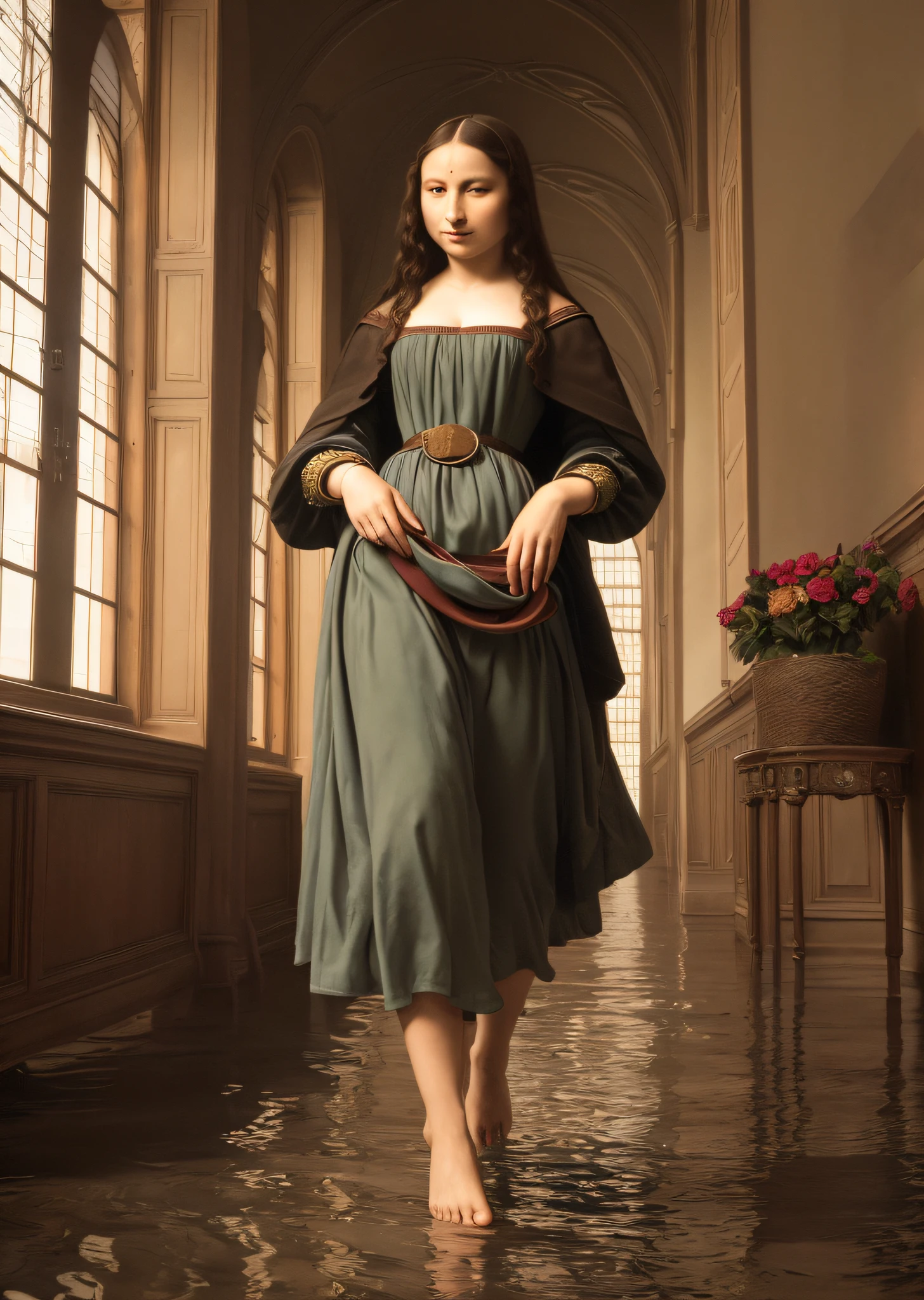 Mona Lisa and an off-the-top man walking, gentle expression, full body portrait, barefoot, light streaks falling from the sky, masterpiece, highest quality, high quality, highly detailed CG unit 8k wallpaper, award winning photo, bokeh, depth of field, HDR, flood, chromatic aberration, realistic, very detailed, art station trend, CGsociety trend, complex, high detail, dramatic, midway art, volumetric lighting