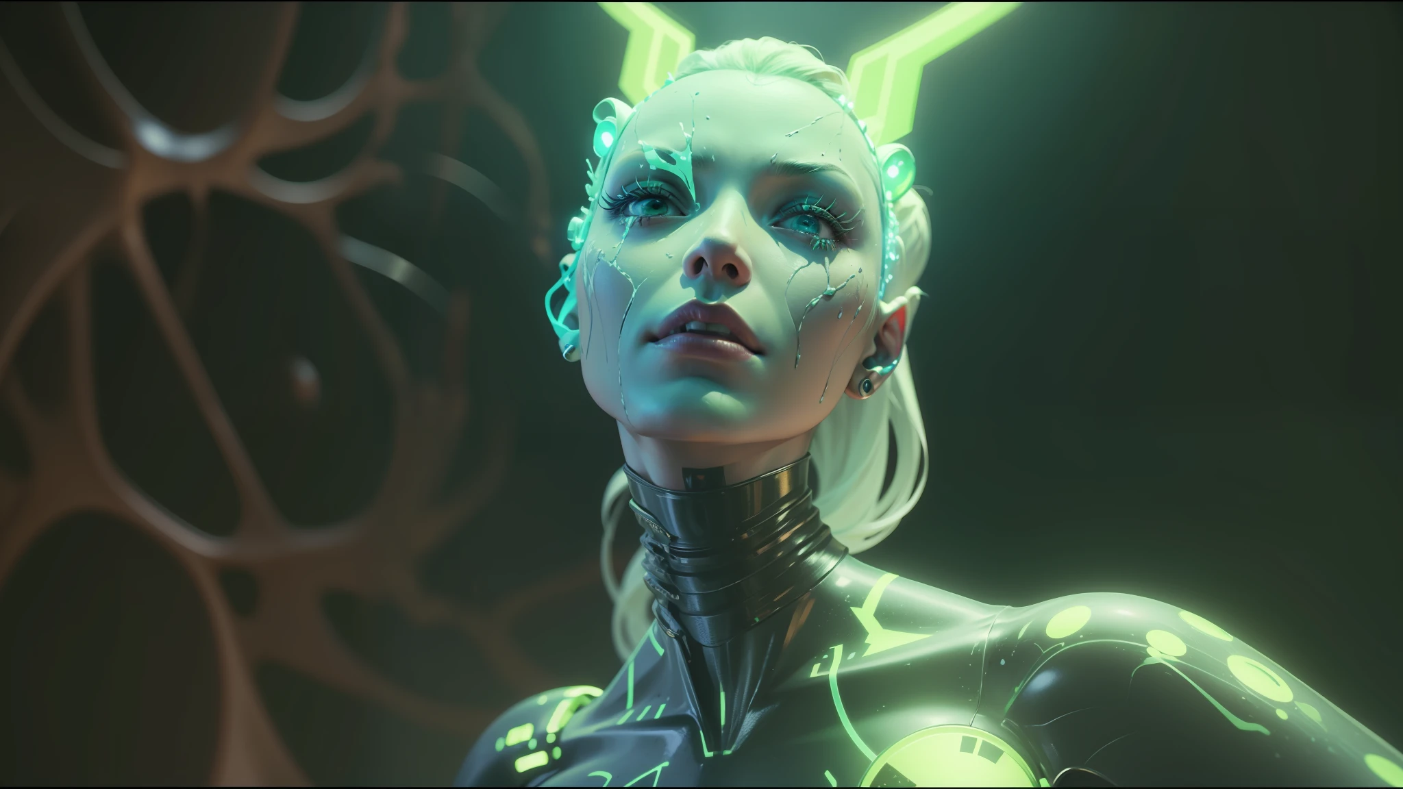 a close up of a person with a weird face and a weird head, from a 2 0 1 9 sci fi 8 k movie, movie still of a alien cyborg, movie still of the alien girl, unreal engine : : rave makeup, cyborg goddess in cosmos, love death + robots, sci - fi film still, ash thorp, vfx film closeup --auto --s2