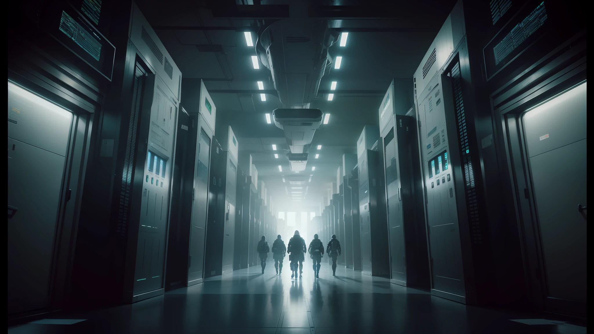 there are people walking down a long hallway in a building, from a 2 0 1 9 sci fi 8 k movie, giant crypto vault, still from a music video, in realistic data center, cyborg in the data center, supercomputer, cgsociety 9, standing in a server room, the encrypted metaverse, death and robots two in the void, technocracy --auto --s2