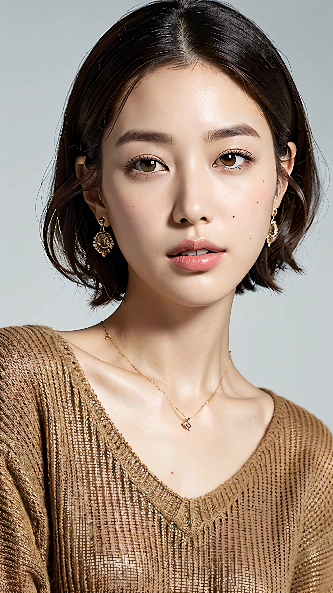(Best quality, 8k, 32k, Masterpiece, UHD:1.2),Photo of Pretty Japanese woman, very short bob brown hair,upper body,face focus,oversized_sweater, ear ring, necklace, simple background, from above, looking at viewer,