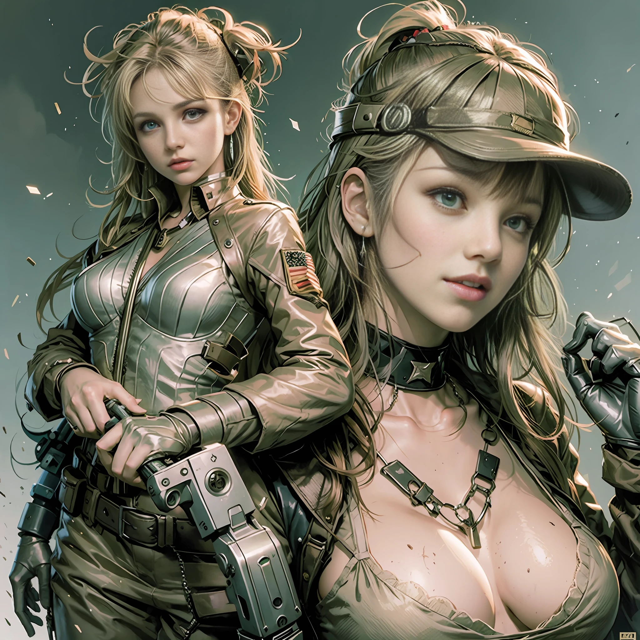 Sexy Britney Spears in army uniform, armed with a revolver, brown eyes, artwork, high quality art, 
Realistic and with the background with realistic war in 4K