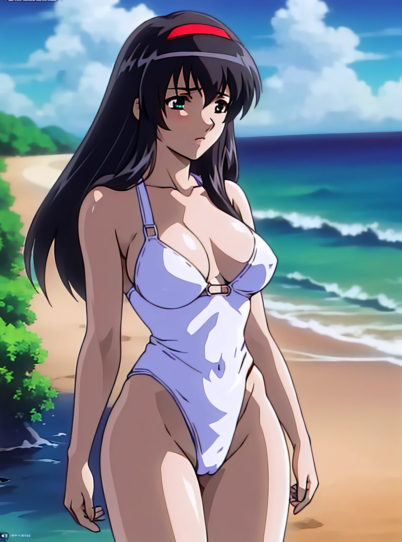 (Sun: 1.7), outdoor, sea, beach, blue sky, white clouds, sand, open sandy beach, standing with caution, standing on the beach, posture with emphasis on the chest, erotic animation, seductive standing, (red and white leotard), bewitching leotard with golden details, white knee socks, navel, lower abdomen, groin, red_hairband, black hair, long hair, green eyes, side hair, straight, V Bang, 1 girl, 20 years old, young woman, beautiful fingers, beautiful long legs, beautiful body, beautiful nose, beautiful character design, perfect eyes, perfect face, watch viewer, (innocent_big_eyes:1.0), (expressionless:1.3), NSFW, official art, highly detailed CG Unity 8k wallpaper, perfect lighting, colorful, Bright_ Front_face_Lighting, (Masterpiece: 1.0), (Best Quality: 1.0), Ultra High Resolution, 4K, Ultra Detail, Photo, 8K, HDR, Hi-Res, Absurdity: 1.2, Kodak portra 400, Film Grain, Blurry Background, Bokeh: 1.2, Lens Flare, (vibrant_color:1.2) (Beautiful, Big Breasts: 1.4), (Beautiful Face: 1.5) , (narrow waist),