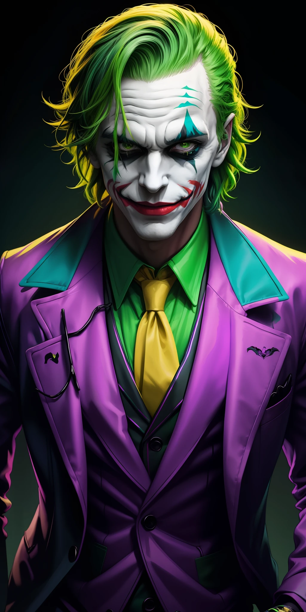 neon joker painting of a man with green hair and a yellow jacket, digital art by Nicholas Marsicano, reddit, digital art, portrait of joker, portrait of the joker, portrait of a joker, the joker, joker, from joker (2019), #1 digital painting of all time, # 1 digital painting of all time, film still of the joker neon