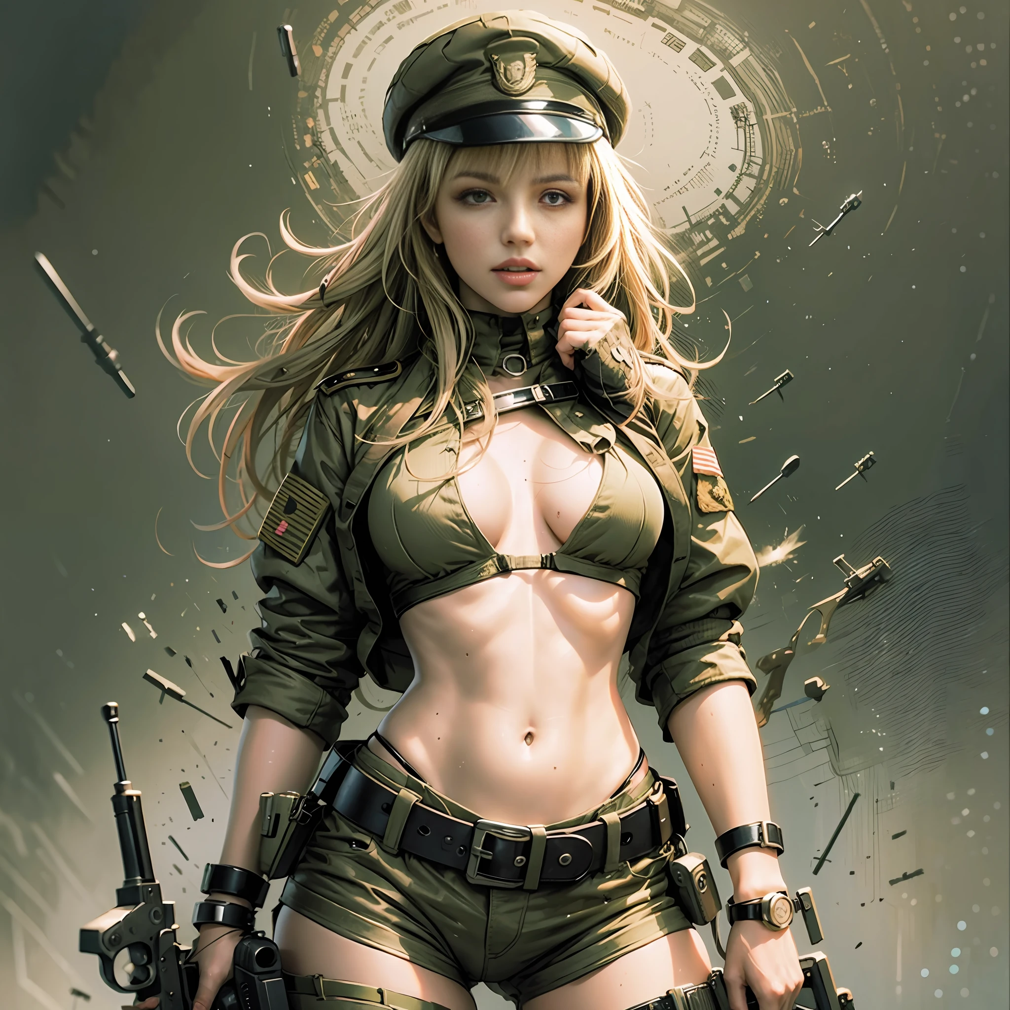 Sexy Britney Spears in army uniform, armed with a revolver, brown eyes, artwork, high quality art,
Realistic and with the background with realistic war in 4K