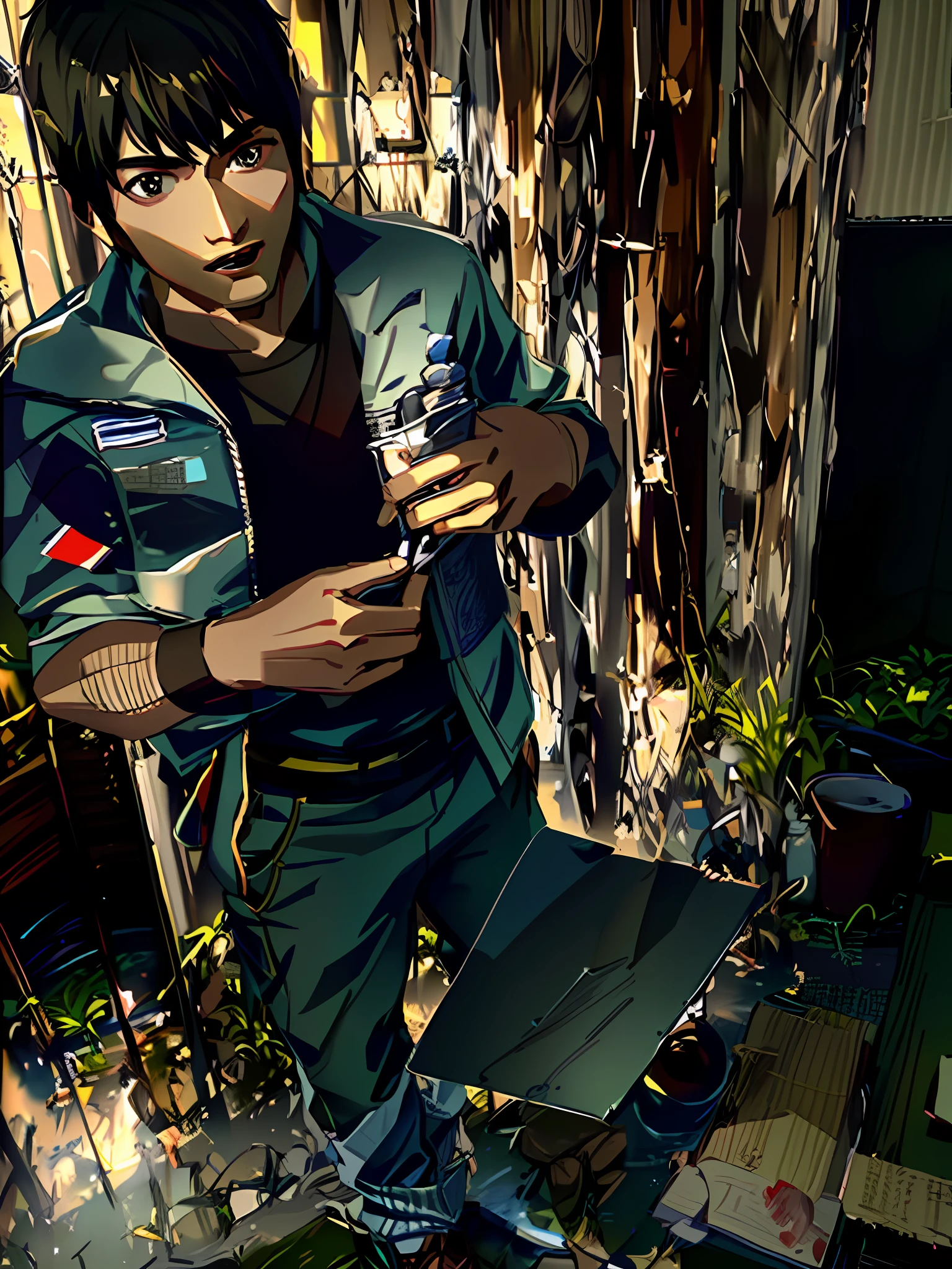 there is a young boy standing in front of a toilet, delivering mail, delivering parsel box, blurry image, local conspirologist, looking for clues, not blurry, holding a snake, holding a tattered magical book, wielding a knife, letterboxing, help me, holding a syringe!!, outdoor, wielding kunai, well edited