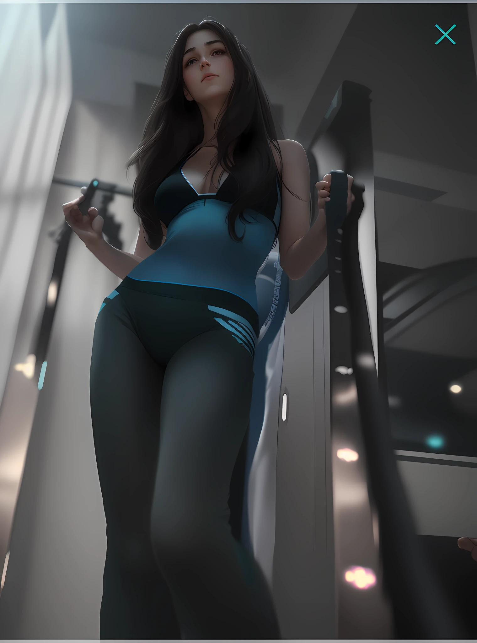 arurinh, (blushing)) ((blushing)), waist up, aberdes, long straight lift hair, dynamic pose, modelshoot: photoshoot, HD, high contrast, sharp image, mastery, mouth closed, balanced eyes, CG render, small skull, clavicle detail, (best quality detail: 1.2), realistic, 8K ultra-fine, high quality texture, fine texture, fine detail, high detail, extremely detailed CG, high quality shadows, beautiful and delicate eyes, freedom, beautiful woman, smaller breasts, tall, blurred background, lime-colored gym clothes,