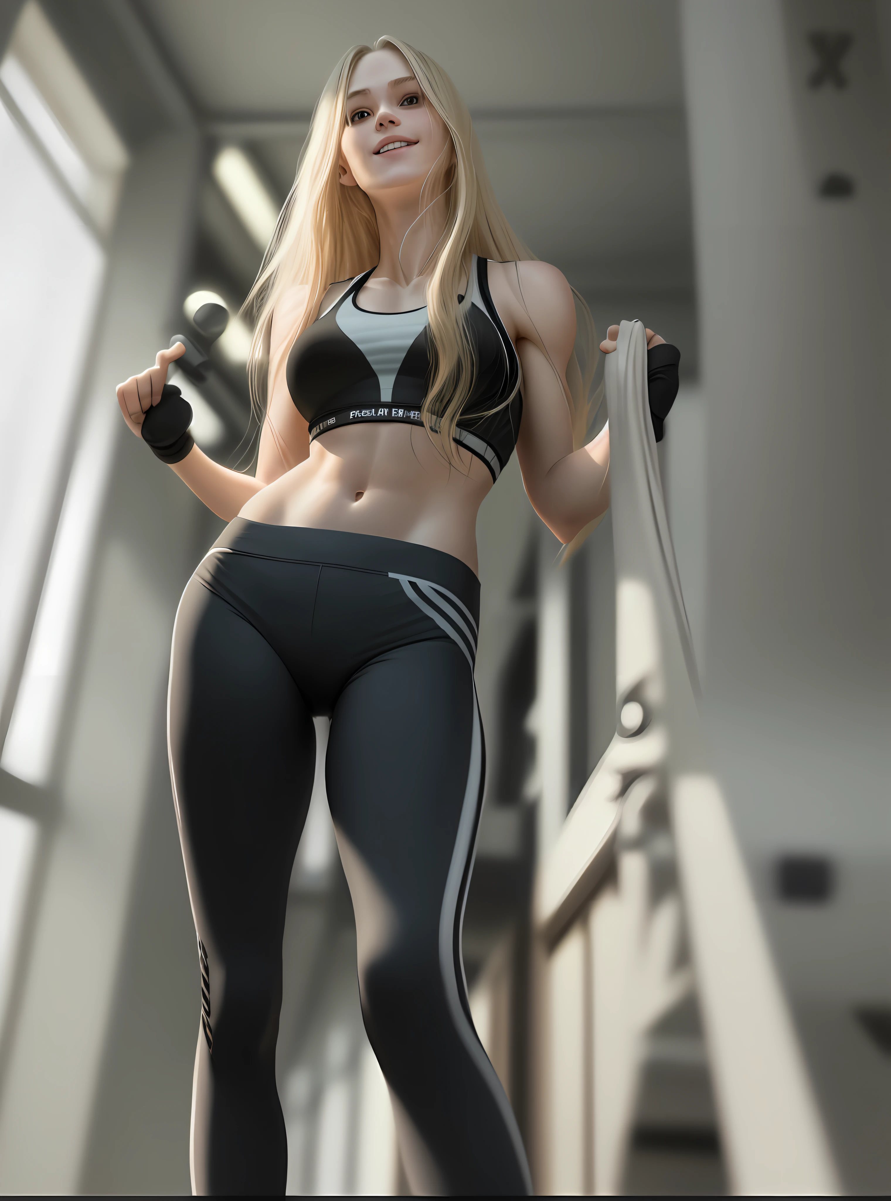 (solo), (a detailed full body RAW photo of a girl), (masterpiece:1.0), (best quality:1.4), (ultra highres:1.2), (photorealistic:1.4), 8k resolution, Canon EOS R5, 50mm, absurdres, ultra detailed, (18yo), sharp focus, cinematic lighting, detailed beautiful face, (heavy makeup:1.2), (ulzzang-6500-v1.1), petite figure, detailed skin texture, pale skin, flat chest, (skinny and fit body:1.3), thigh gap, detailed long blond hair, messy hair, (Avril Lavigne:0.7), smiling, (sports bra, sports leggings:1.3), realistic glistening skin, (bedroom:1.2),