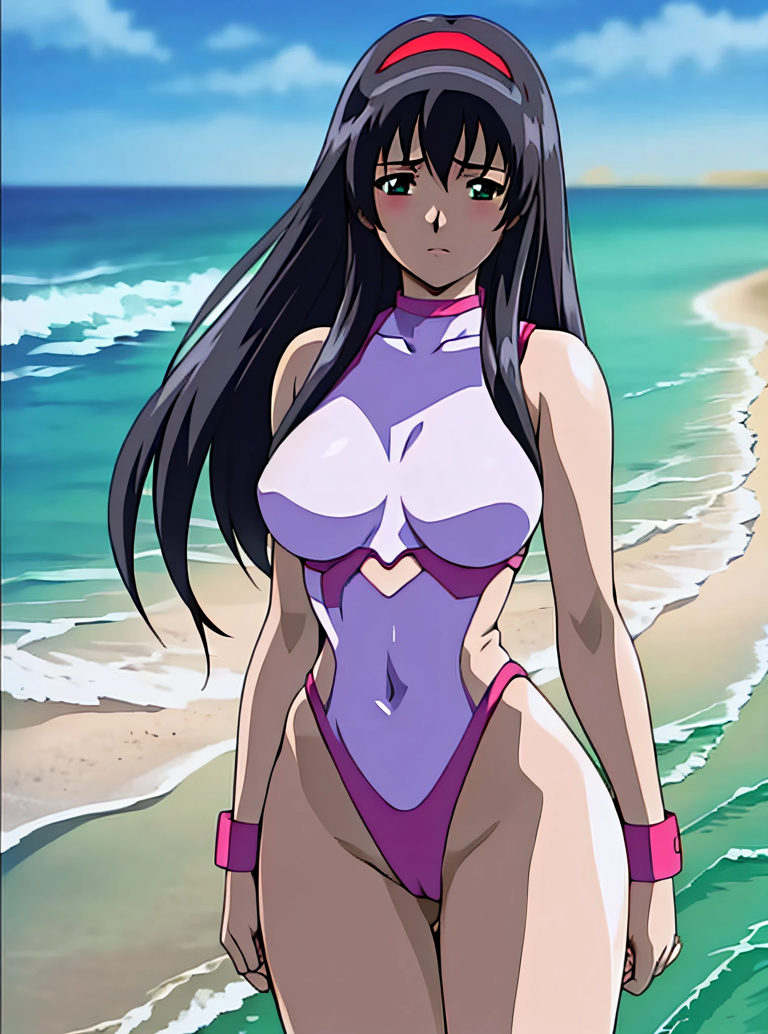 (Sun: 1.7), outdoor, sea, beach, blue sky, white clouds, sand, open sandy beach, standing with caution, standing on the beach, posture with emphasis on the chest, erotic animation, seductive standing, (red and white leotard), bewitching leotard with golden details, white knee socks, navel, lower abdomen, groin, red_hairband, black hair, long hair, green eyes, side hair, straight, V Bang, 1 girl, 20 years old, young woman, beautiful fingers, beautiful long legs, beautiful body, beautiful nose, beautiful character design, perfect eyes, perfect face, watch viewer, (innocent_big_eyes:1.0), (expressionless:1.3), NSFW, official art, highly detailed CG Unity 8k wallpaper, perfect lighting, colorful, Bright_ Front_face_Lighting, (Masterpiece: 1.0), (Best Quality: 1.0), Ultra High Resolution, 4K, Ultra Detail, Photo, 8K, HDR, Hi-Res, Absurdity: 1.2, Kodak portra 400, Film Grain, Blurry Background, Bokeh: 1.2, Lens Flare, (vibrant_color:1.2) (Beautiful, Big Breasts: 1.4), (Beautiful Face: 1.5) , (narrow waist),