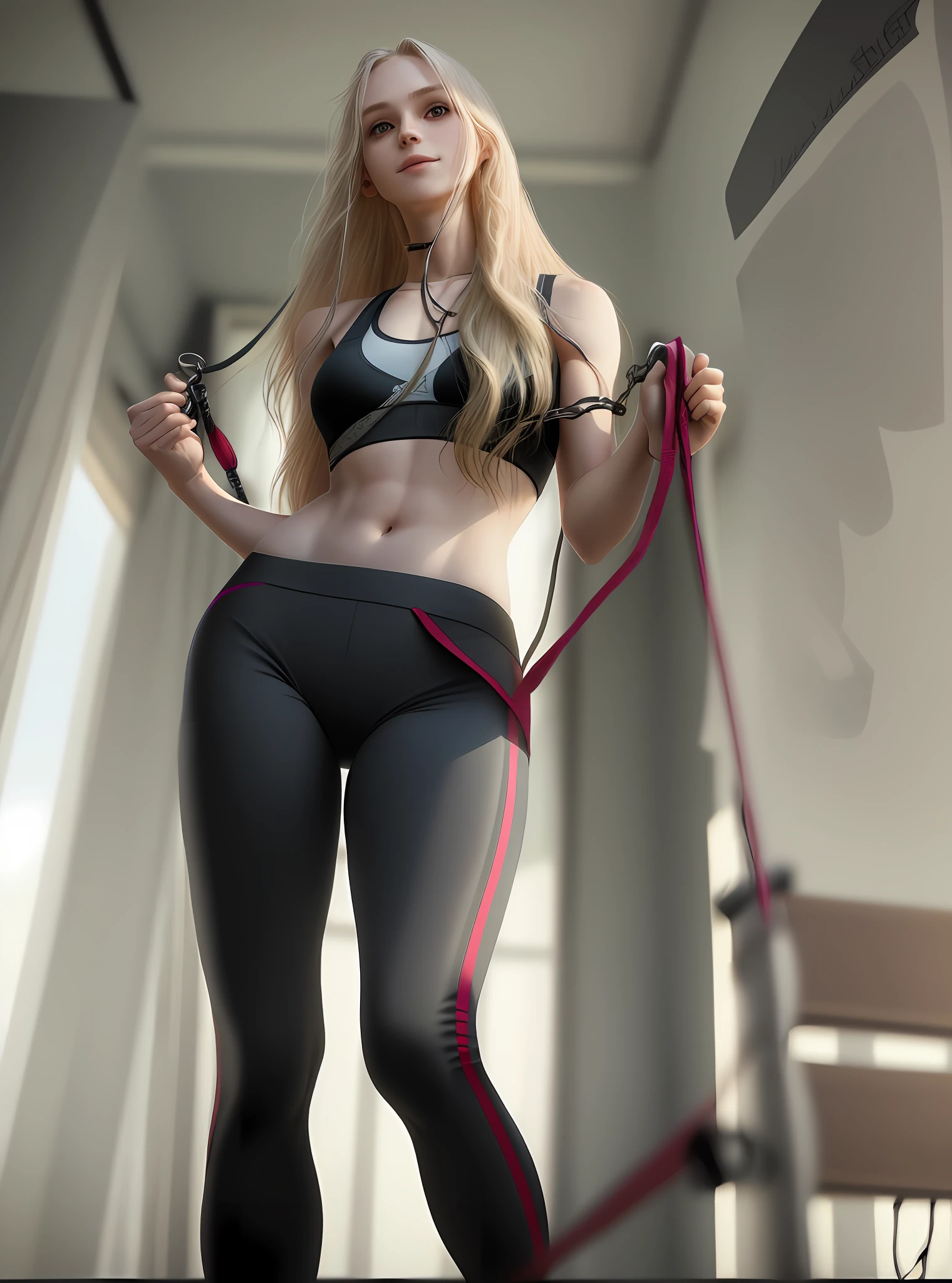 (solo), (a detailed full body RAW photo of a girl), (masterpiece:1.0), (best quality:1.4), (ultra highres:1.2), (photorealistic:1.4), 8k resolution, Canon EOS R5, 50mm, absurdres, ultra detailed, (18yo), sharp focus, cinematic lighting, detailed beautiful face, (heavy makeup:1.2), (ulzzang-6500-v1.1), petite figure, detailed skin texture, pale skin, flat chest, (skinny and fit body:1.3), thigh gap, detailed long blond hair, messy hair, (Avril Lavigne:0.7), smiling, (sports bra, sports leggings:1.3), realistic glistening skin, (bedroom:1.2), ((looking down)), (((holding leash)))
