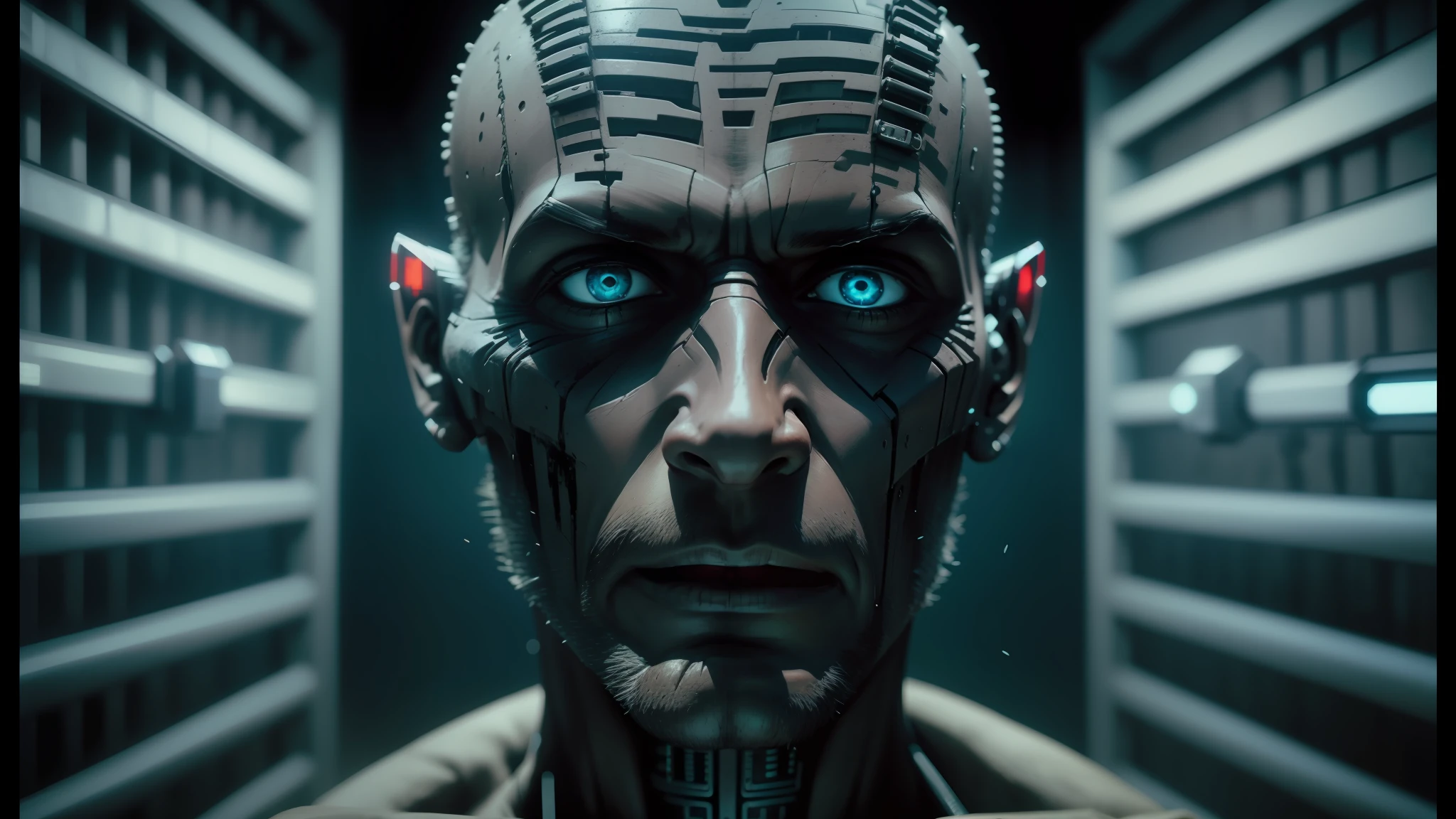 arafed man with a creepy face and a creepy face, movie still of aztec cyborg, still from alita, movie still of a cyborg, movie still of a villain cyborg, movie still of a alien cyborg, intricate cyberpunk make - up, death and robots two in the void, movie still of cyborg, love death and robots --auto --s2
