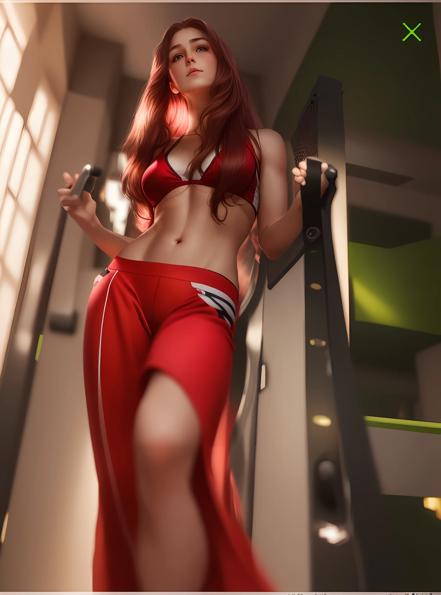 arurinh, (blushing)) ((blushing)), waist up, aberdes, long straight lift hair, dynamic pose, modelshoot: photoshoot, ((midriff exposed)), HD, high contrast, sharp image, mastery, mouth closed, balanced eyes, CG render, small skull, clavicle detail, (best quality detail: 1.2), realistic, 8K ultra-fine, high quality texture, fine texture, fine detail, high detail, extremely detailed CG, high quality shadows, beautiful and delicate eyes, freedom, beautiful woman, smaller breasts, tall, blurred background, lime-colored gym clothes,