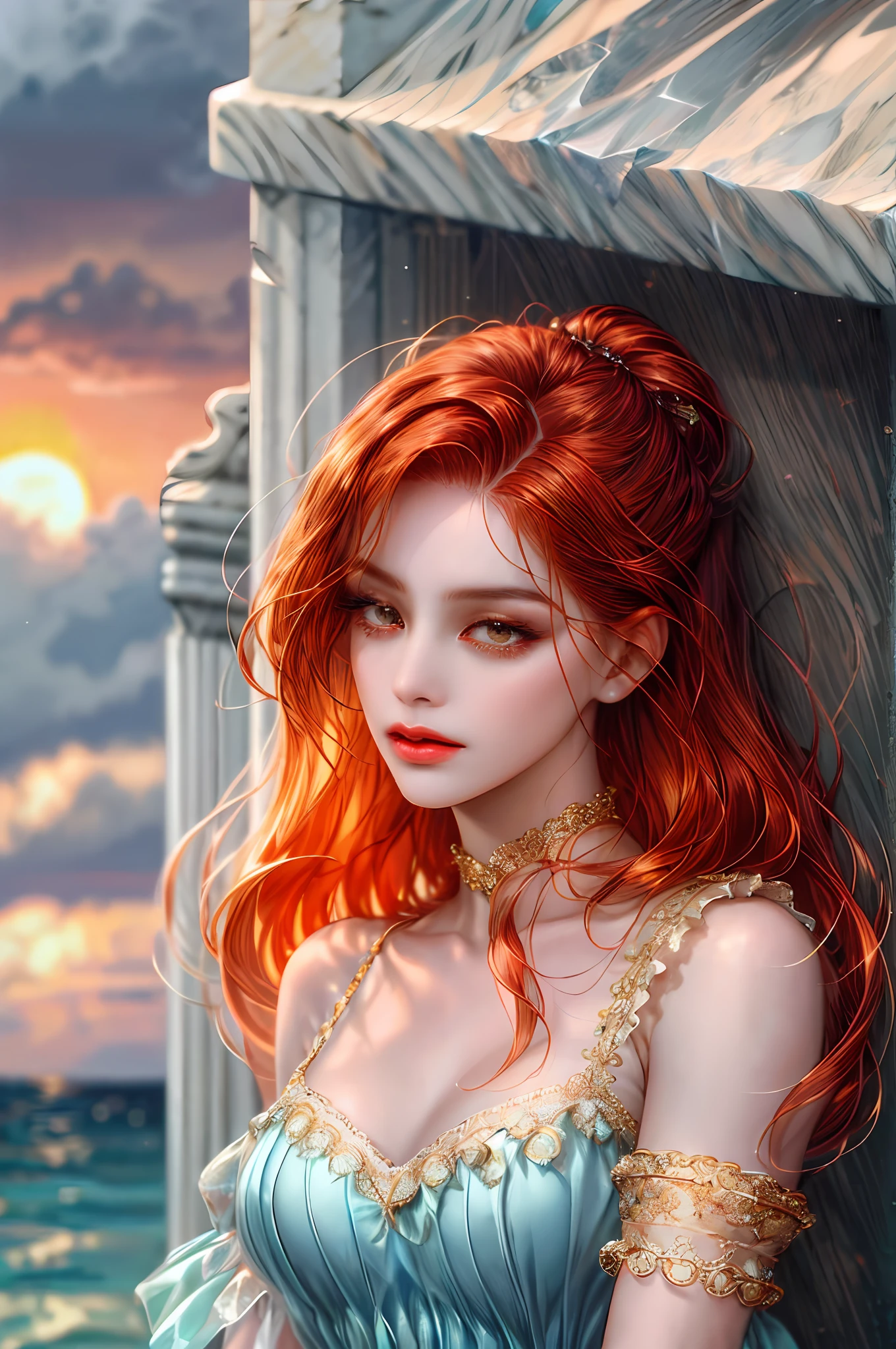 ( High quality , ultra detailed to hand ) ( careful hand ) Zodiac sign- Aries goddess , similar to latin goodness , Brave ,willful ,productive ,enterprising and humanitarian face . Moody, impulsive, impatient, assertive style . sunset reddish hair , transparent dress , in the ocean with sun , whole body , crystal fire eyes ( eye detailed ) . strong powerful make up look .