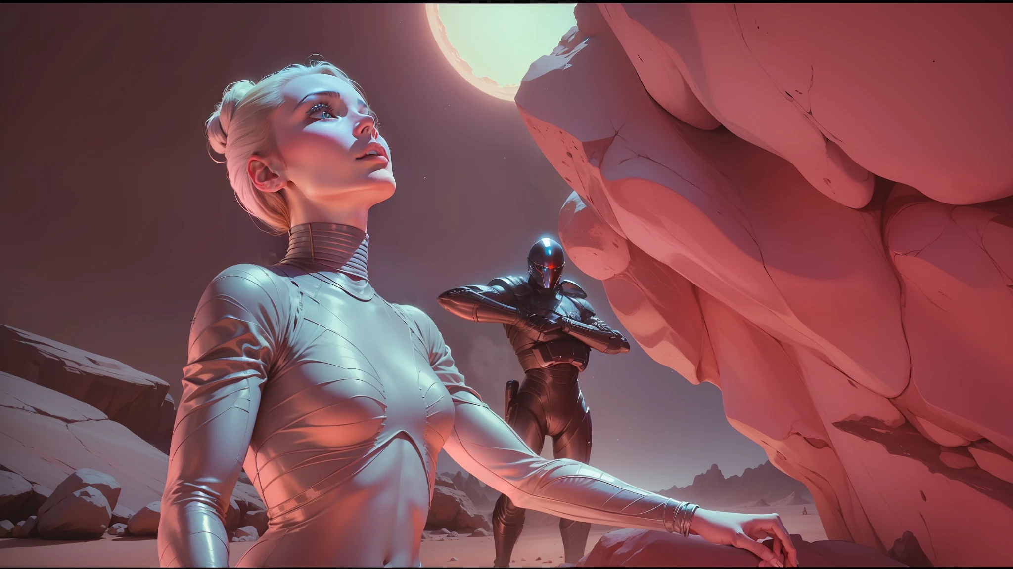 there is a woman standing in front of a rock with a man standing next to her, still from movie dune, movie still of the alien girl, in the movie lifeforce (1985) 8k, in the movie lifeforce (1985), 1 9 8 6 movie screenshot, screenshot from the 1983 film --auto --s2